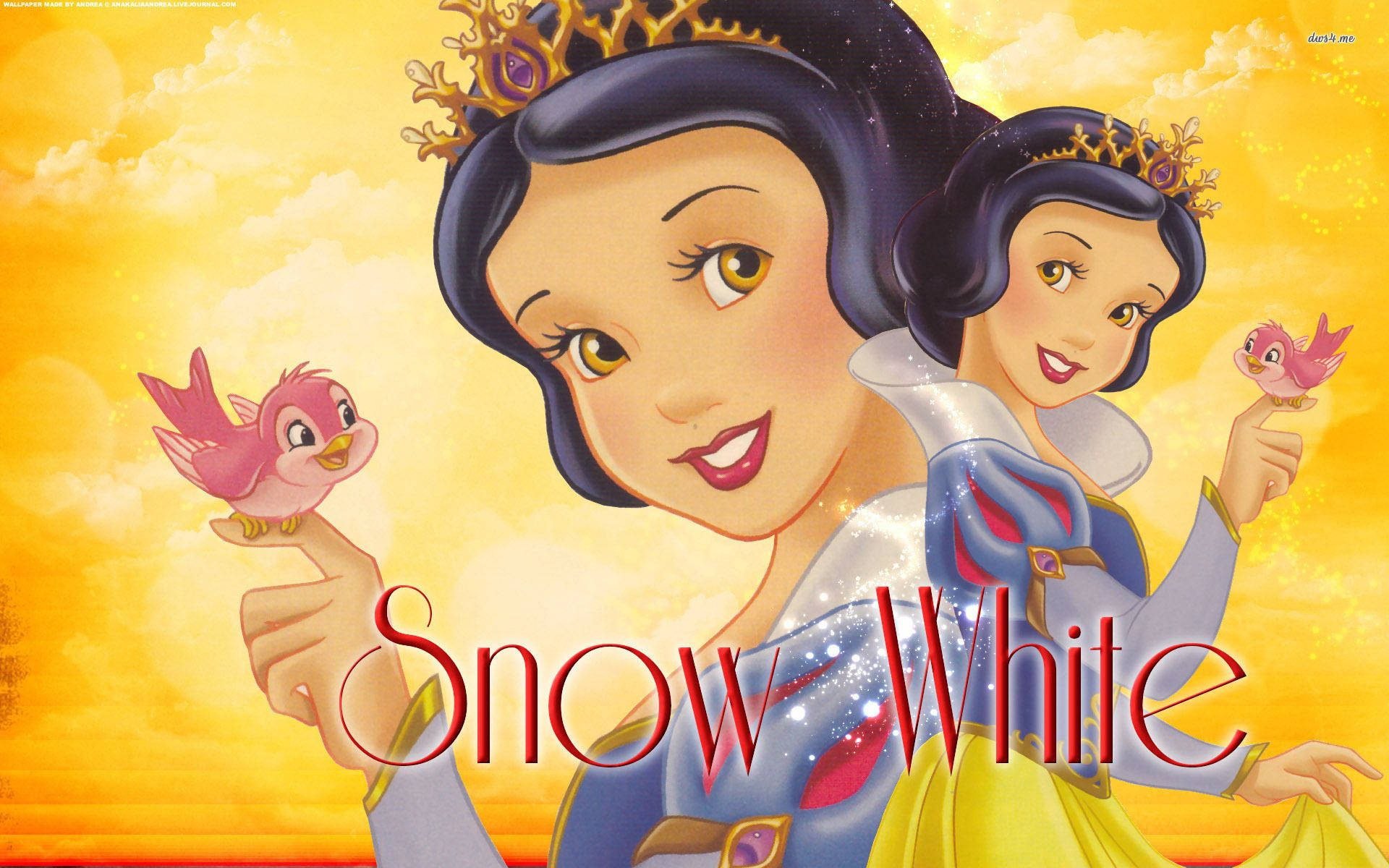白雪公主手持粉紅色小鳥，背景是金色日落。