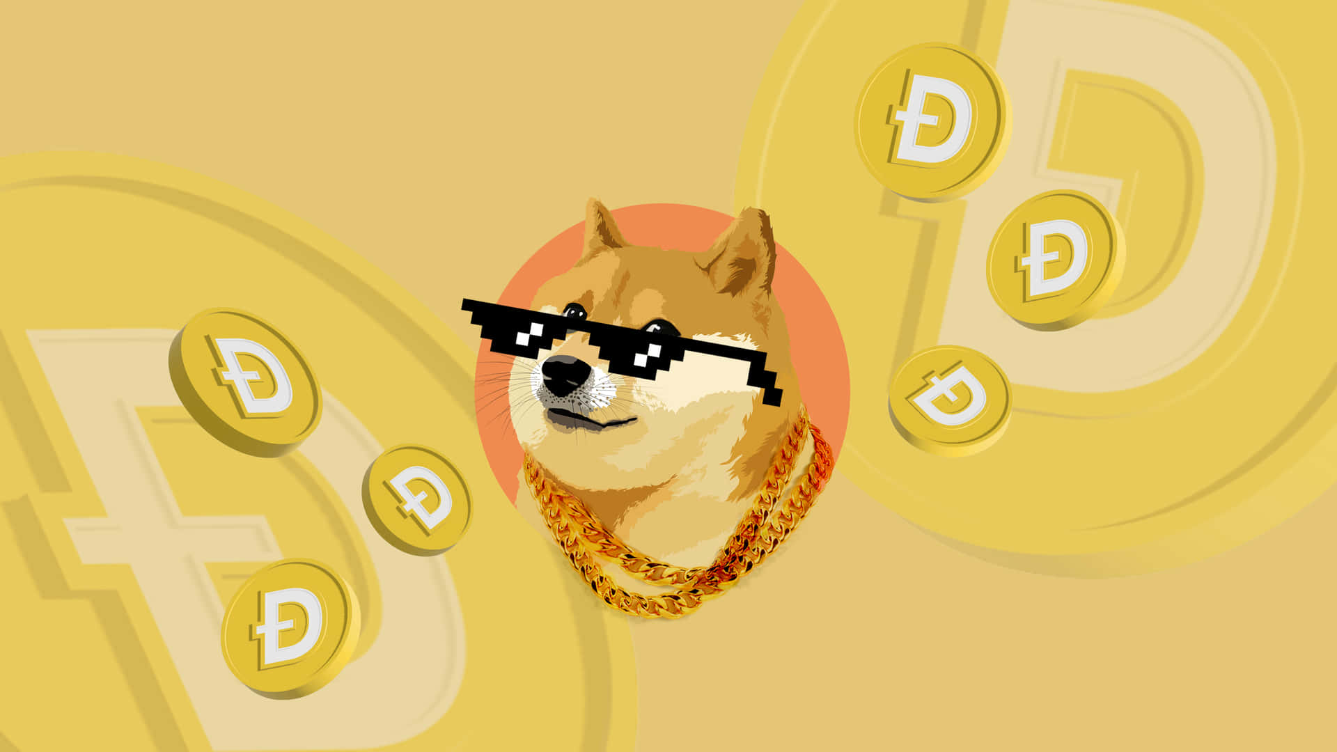 柴犬戴太陽眼鏡和金色鏈條，帶有漂浮的狗狗幣符號。