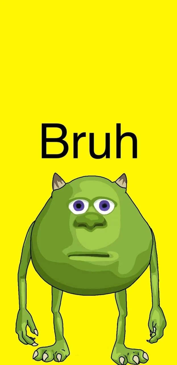 綠色卡通怪物，有角和寬大的眼睛，在黃色背景上「Bruh」字樣下方。