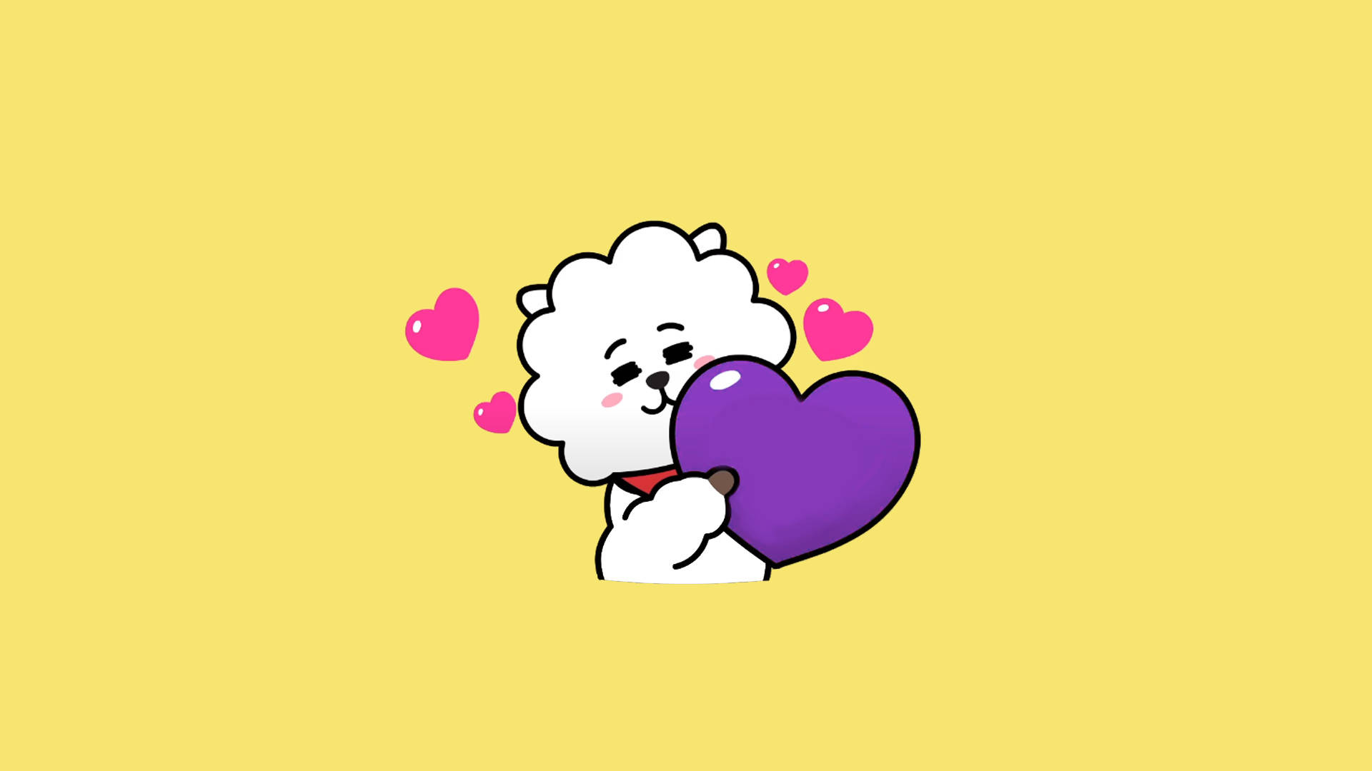 黃色背景的RJ BT21 壁紙 — 一隻可愛的白色卡通狗擁抱一個紫色心形，周圍有粉紅色心形在黃色背景上漂浮。