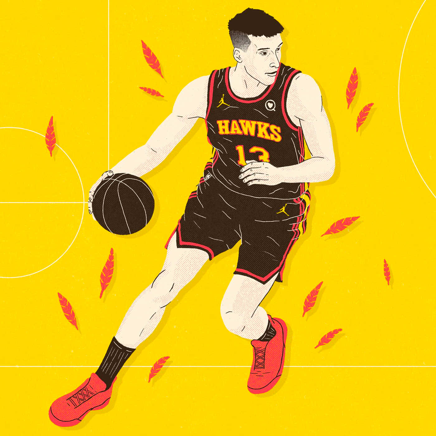 黃色背景的博格丹·博格丹諾維奇NBA冠軍設計 壁紙 — 一名身穿鷹隊球衣的籃球運動員在黃色球場上運球，周圍有紅葉飄浮。