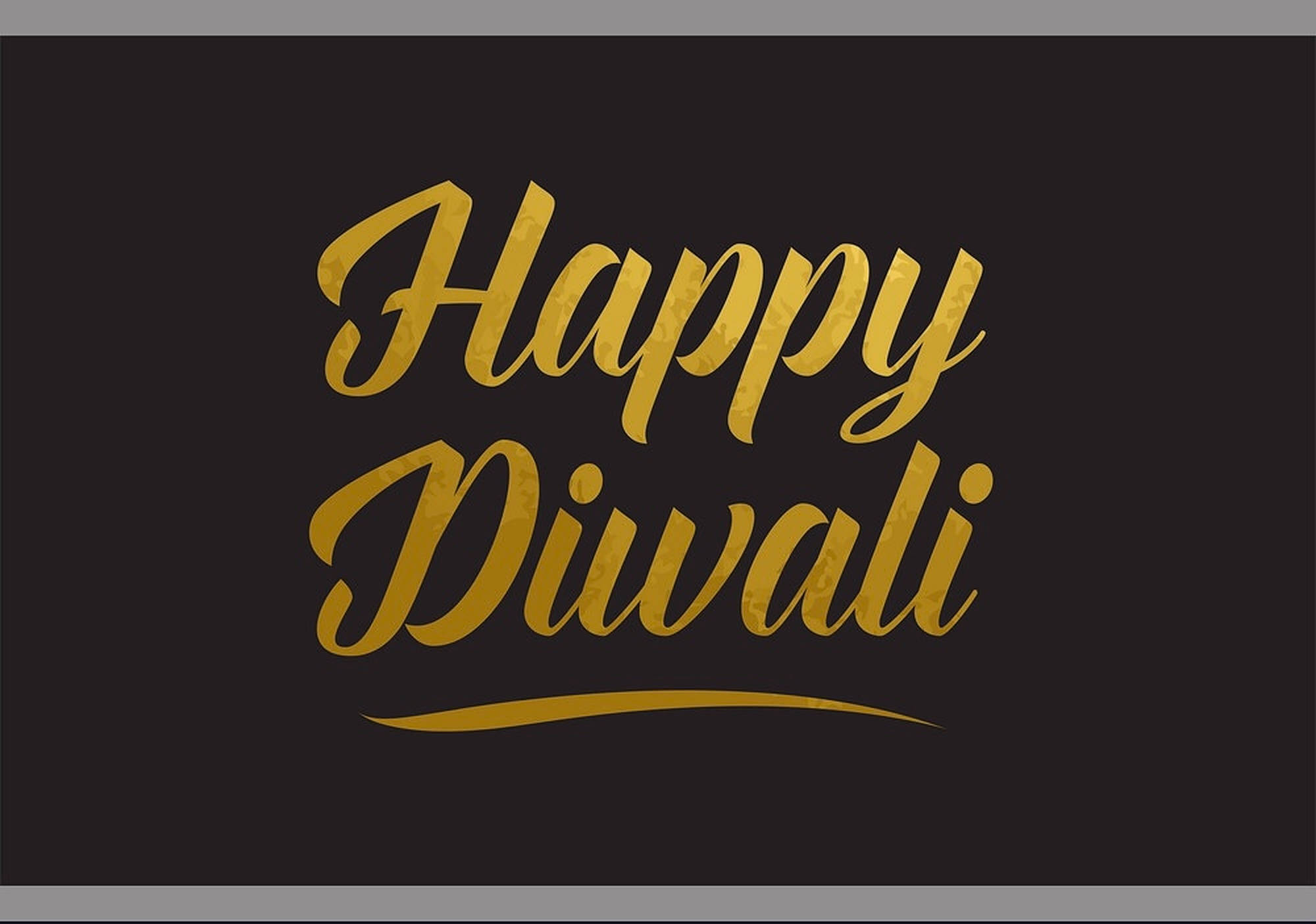 黃色背景的歡慶排燈節 壁紙 — 金色草書「Happy Diwali」文字在深色背景上閃耀，並帶有裝飾性底線。
