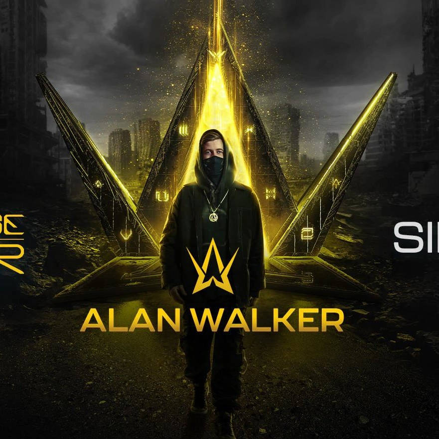 Alan Walker 穿著深色連帽衫和面具，站在廢墟城市中一個發光的金色結構前。