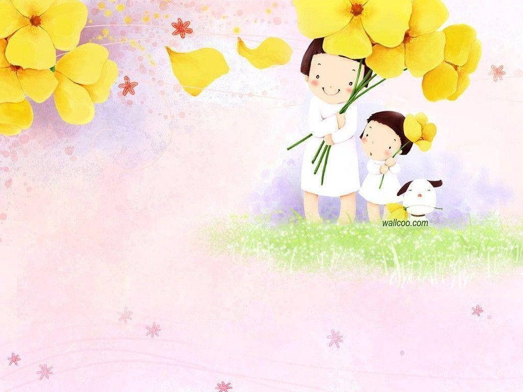 黃色花朵可愛桌面壁紙 壁紙 — 一個開心的卡通母親和小孩穿著白色連衣裙，拿著黃色花朵，旁邊有一隻可愛的狗，背景是柔和的粉紅色和綠色。