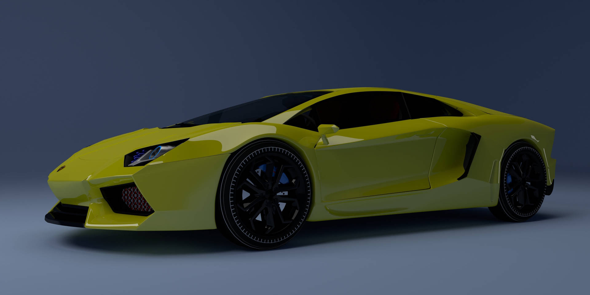 在攝影棚燈光下，帶有黑色輪圈的鮮黃色林寶堅尼Aventador跑車。