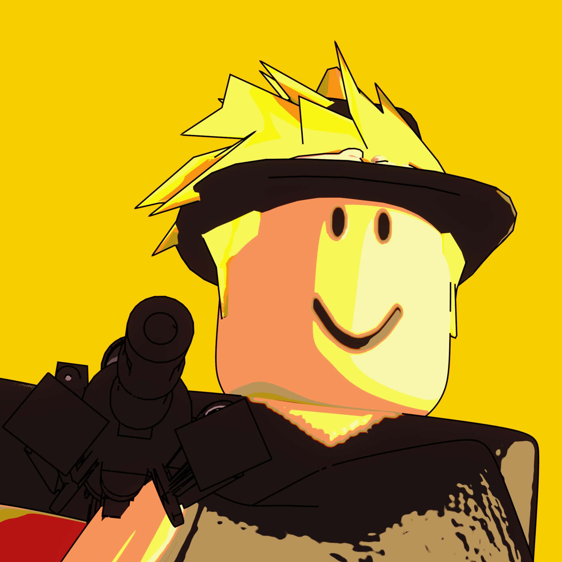 Roblox頭像，有著尖刺的黃色頭髮和黑色帽子，在黃色背景上拿著槍。