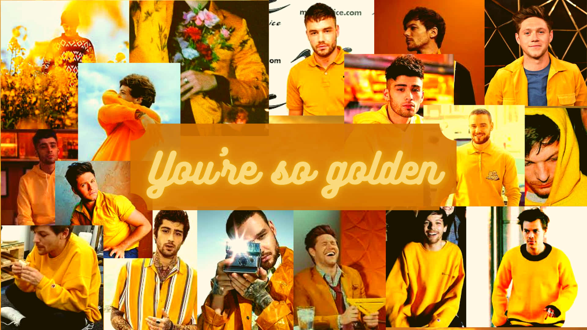 One Direction金黃色服裝拼貼畫，帶有「You're so golden」文字。
