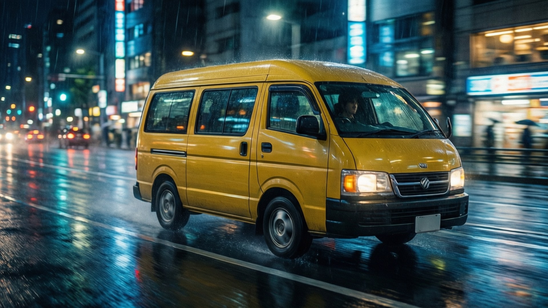 黃色貨車在雨夜城市中行駛，帶有霓虹反射。