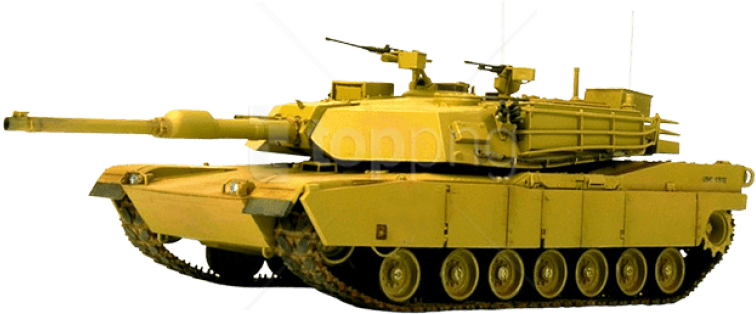黃色軍用坦克獨立圖像 壁紙 — 一輛細節豐富的黃色軍用坦克，帶有履帶和砲塔，顯示在透明背景上。