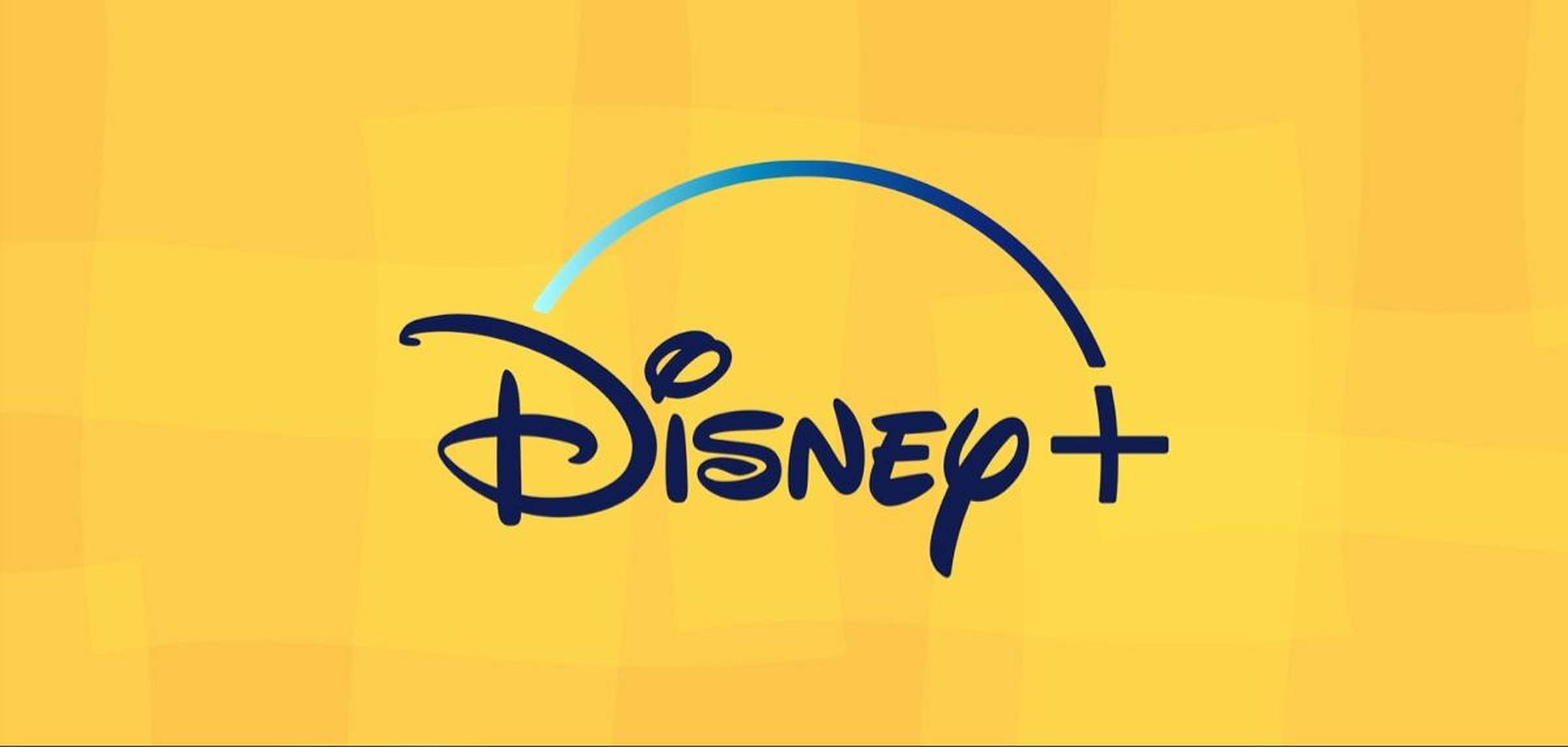 黃色迪士尼標誌Plus 壁紙 — 深藍色嘅Disney+標誌，上面有漸變弧形，襯托住充滿活力嘅黃色格仔背景。