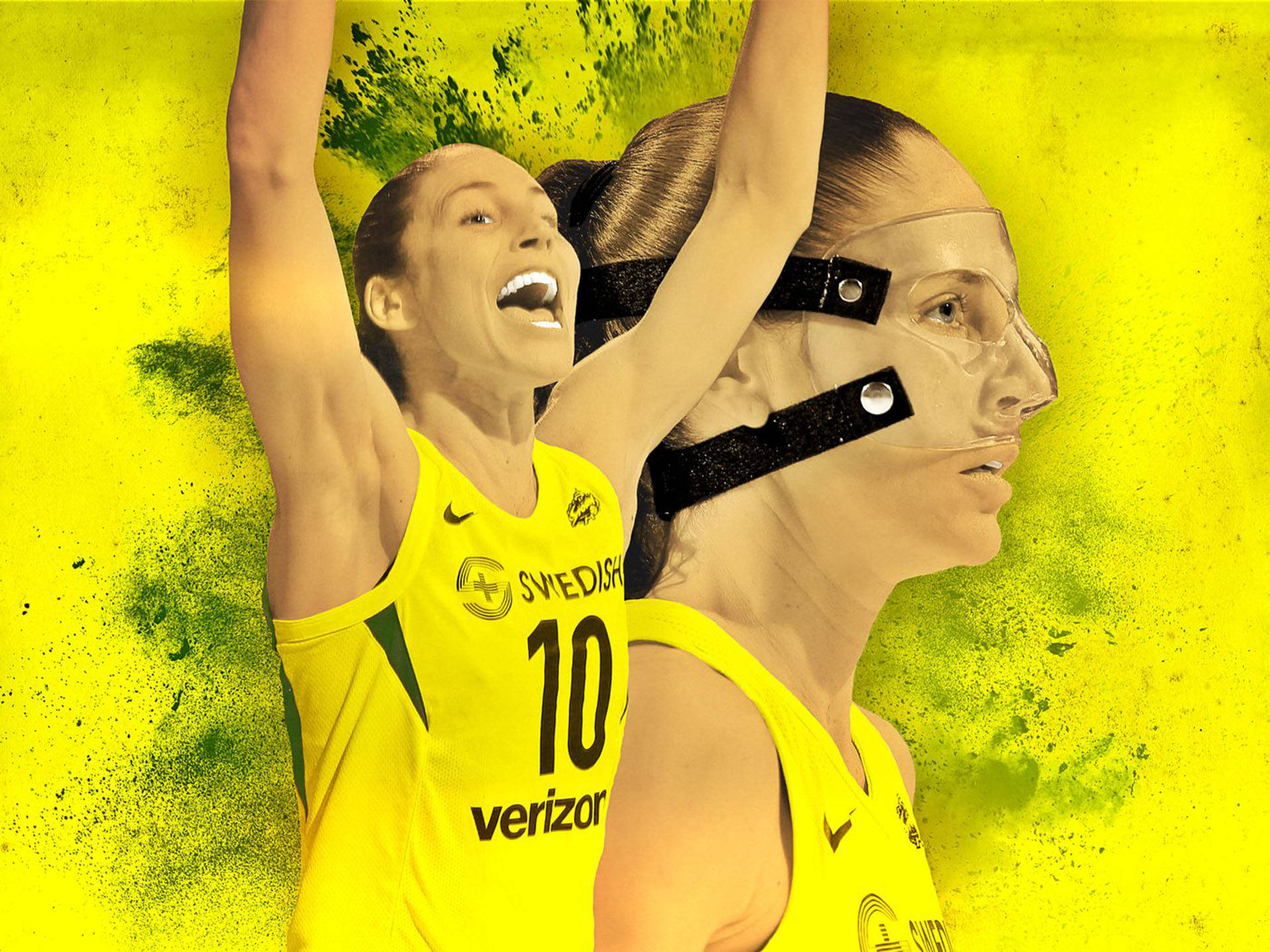 兩名身穿黃色球衣的女籃球員高舉雙臂慶祝勝利。