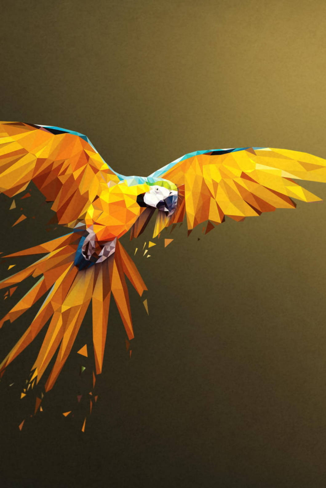 一隻色彩繽紛的幾何鸚鵡在棕色漸變背景上飛翔。