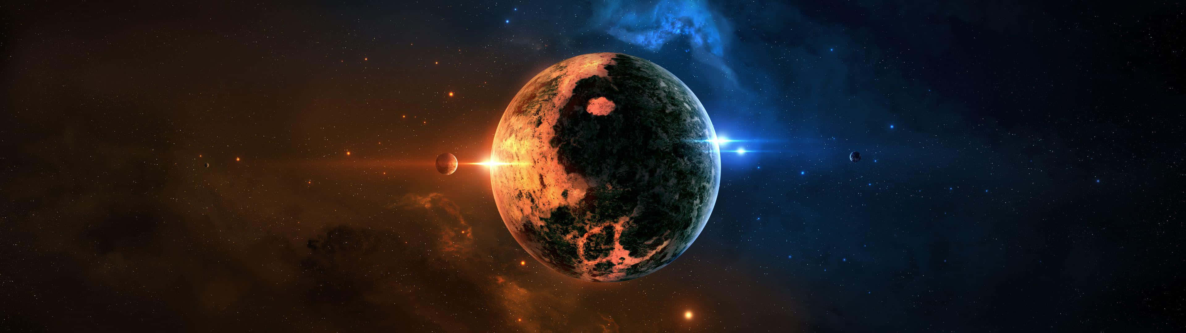 一個在滿天星斗的宇宙場景中帶有極光的發光外星行星。