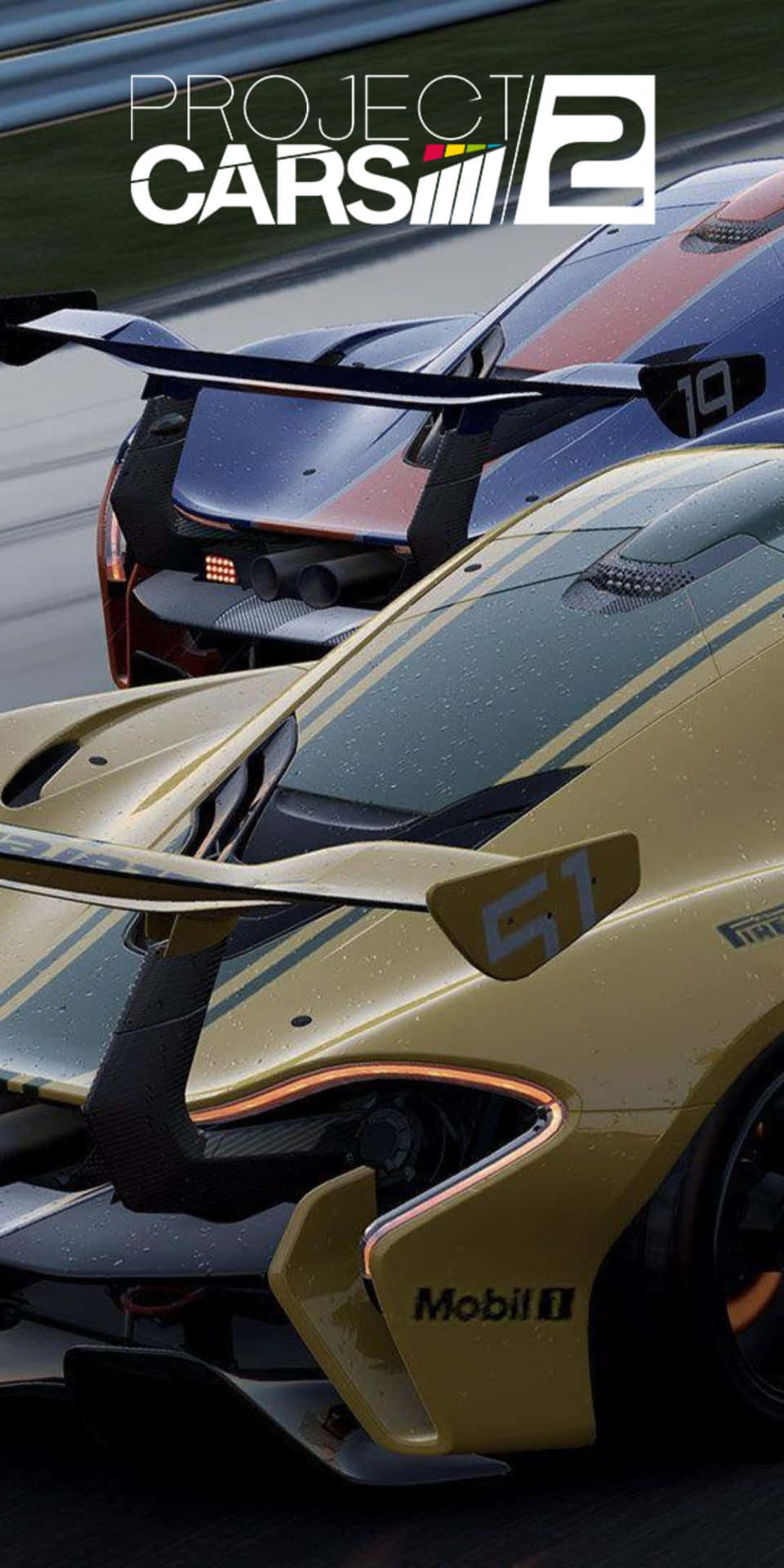 兩輛賽車在潮濕的賽道上疾馳，'Project Cars 2' 標誌清晰可見。