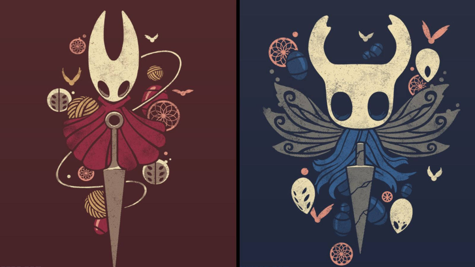 兩個 Hollow Knight 角色，帶有翅膀和劍，周圍環繞著頭骨和圖案。 — 空洞騎士 壁紙