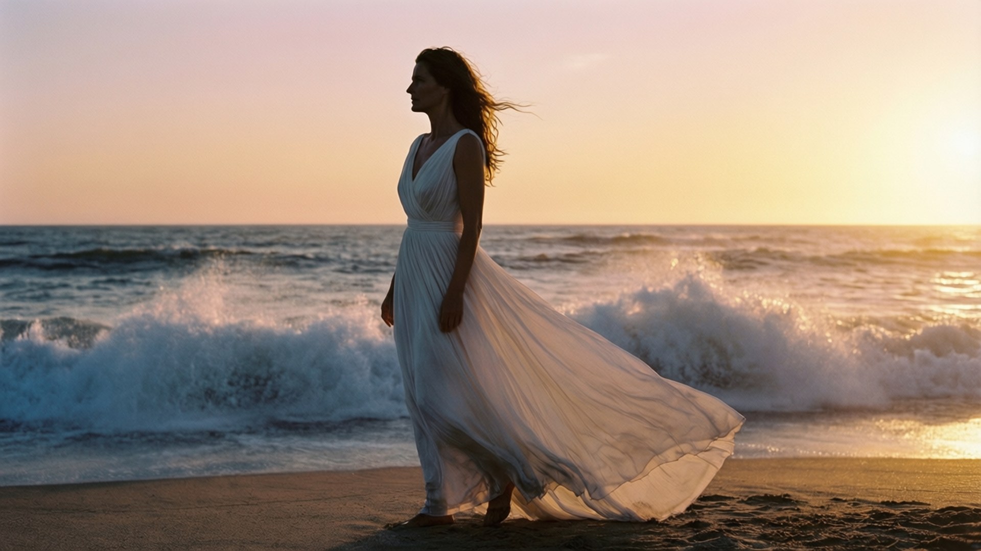身穿白色連衣裙的女性在金色夕陽和拍打的海浪中走在沙灘上。
