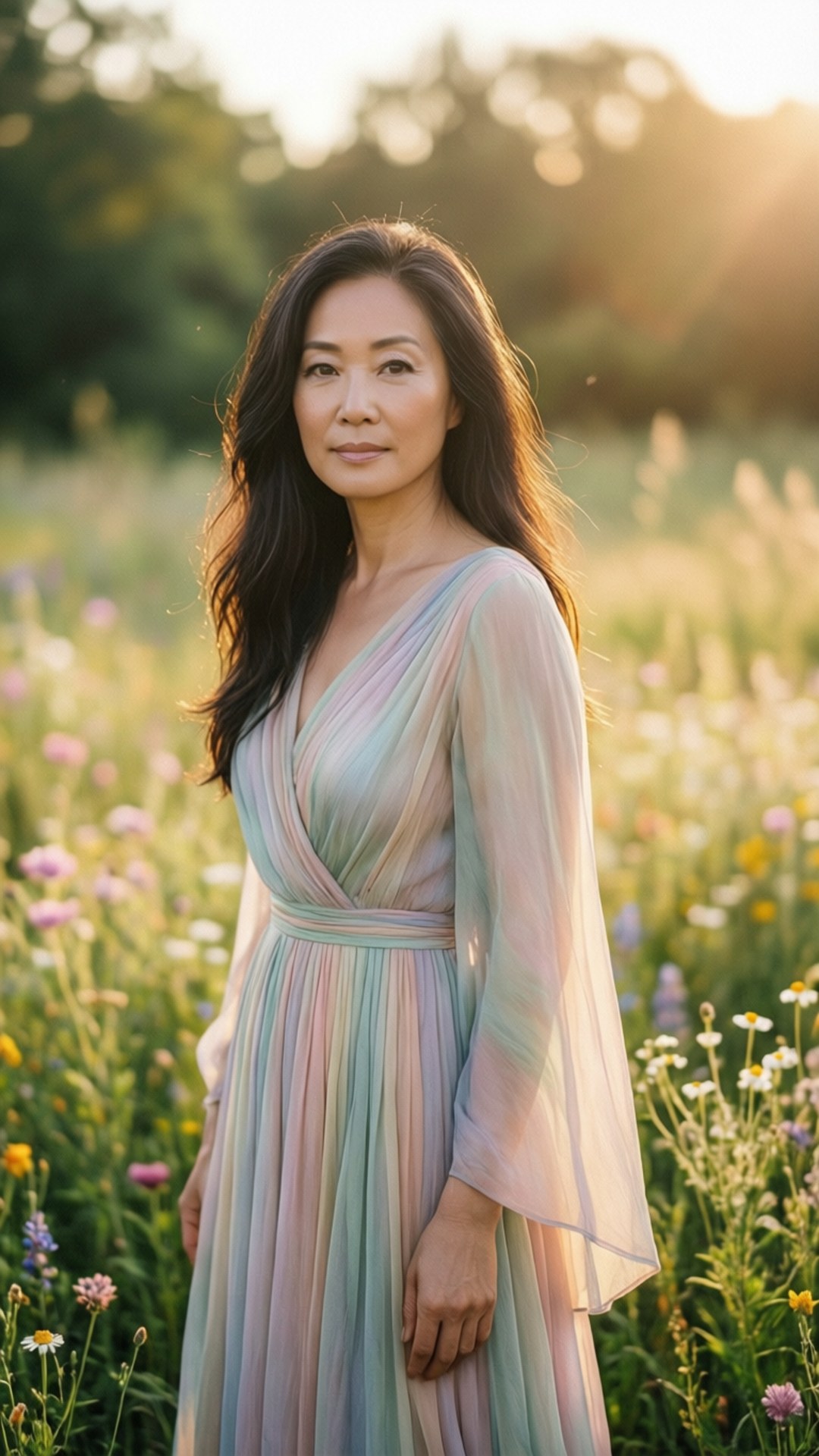 黃金時刻夢幻風 壁紙 — 一位身穿柔和色調長裙的寧靜女子，站在陽光普照的野花田中，背後有金色逆光。