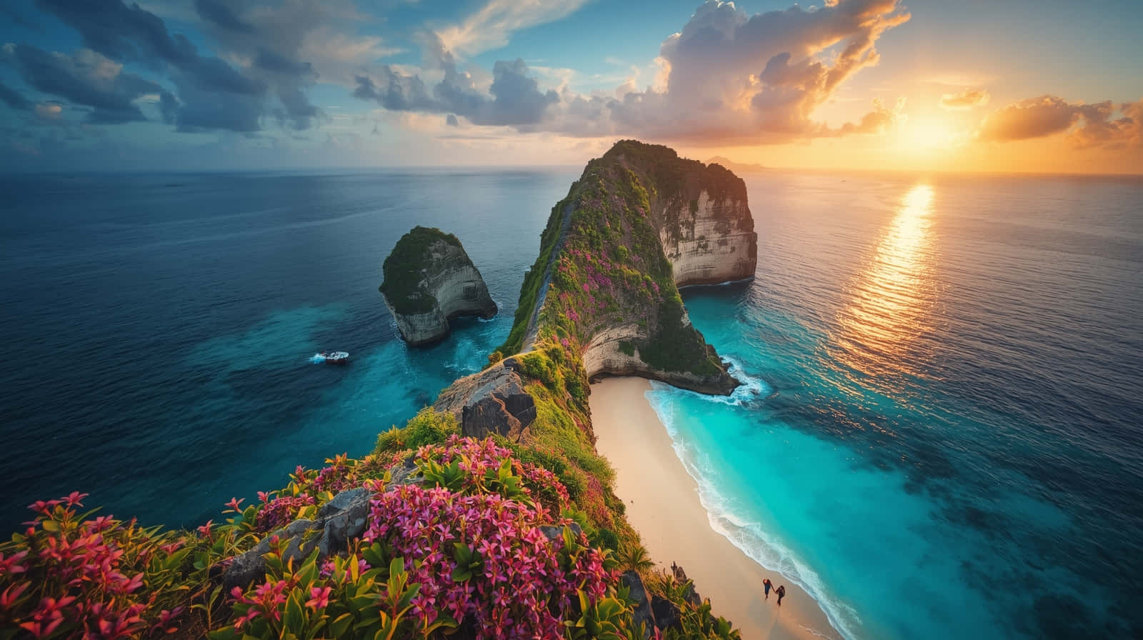 黃金時刻懸崖海灘壯麗景色壁紙 壁紙 — 一個令人驚嘆的日落，在一個熱帶島嶼上，有碧綠的海水、粉紅色的花朵和兩個人在僻靜的海灘上散步。