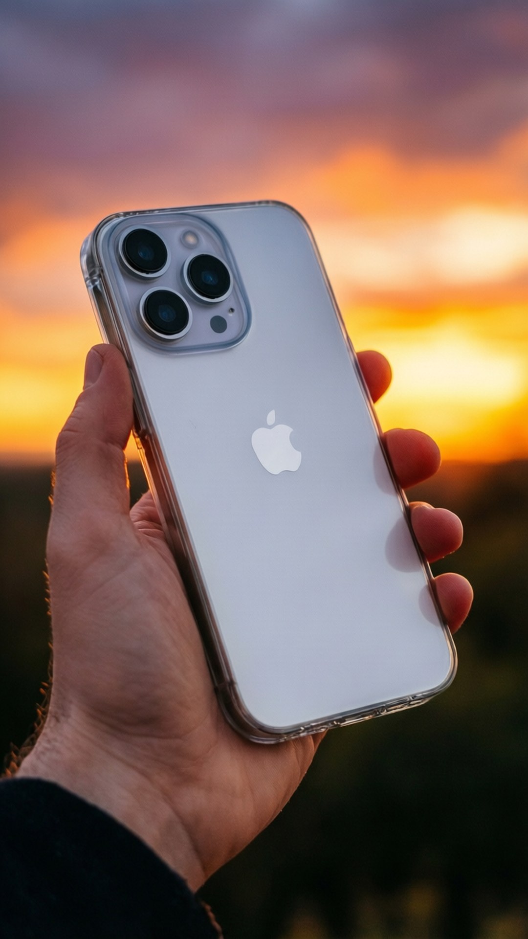 手拿銀色iPhone，背景是色彩繽紛的日落天空