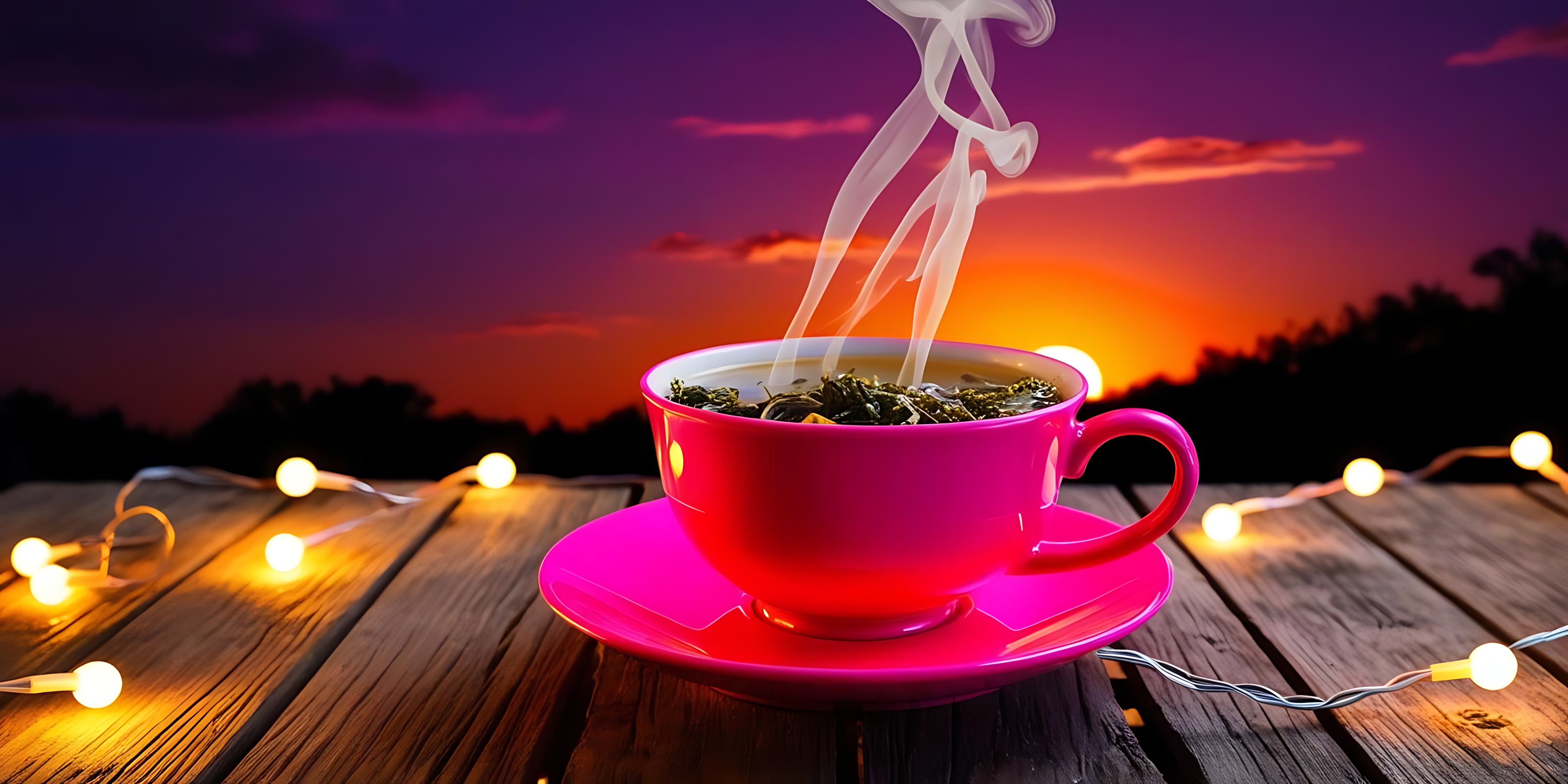 黃金時刻熱飲蒸氣 壁紙 — 一杯冒著蒸氣的粉紅色茶杯放在木桌上，燈串在暮色天空中閃爍。