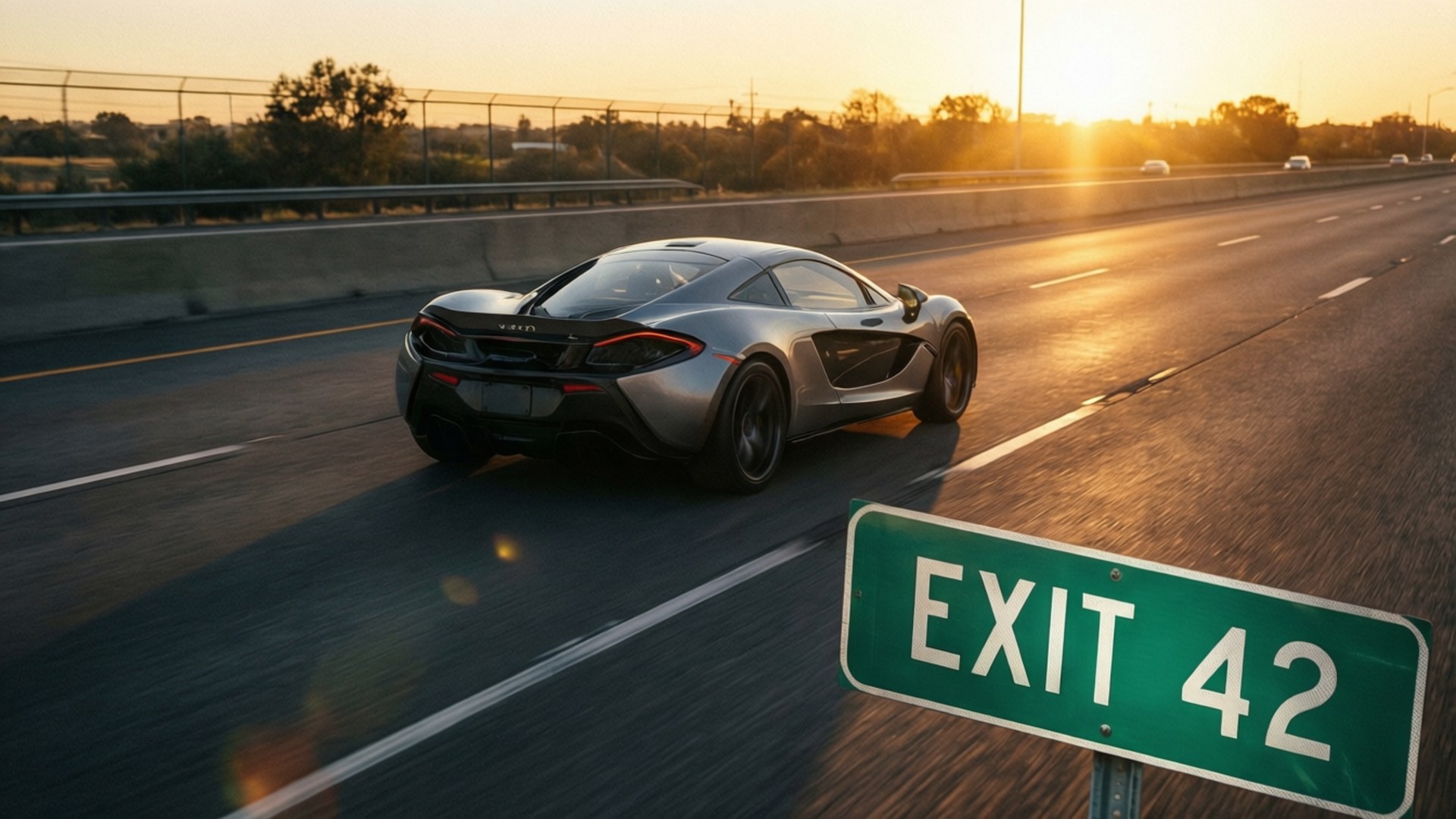 黃金時刻疾馳 壁紙 — 一輛銀色McLaren跑車在高速公路上疾馳，夕陽下前景有寫著EXIT 42的出口標誌。