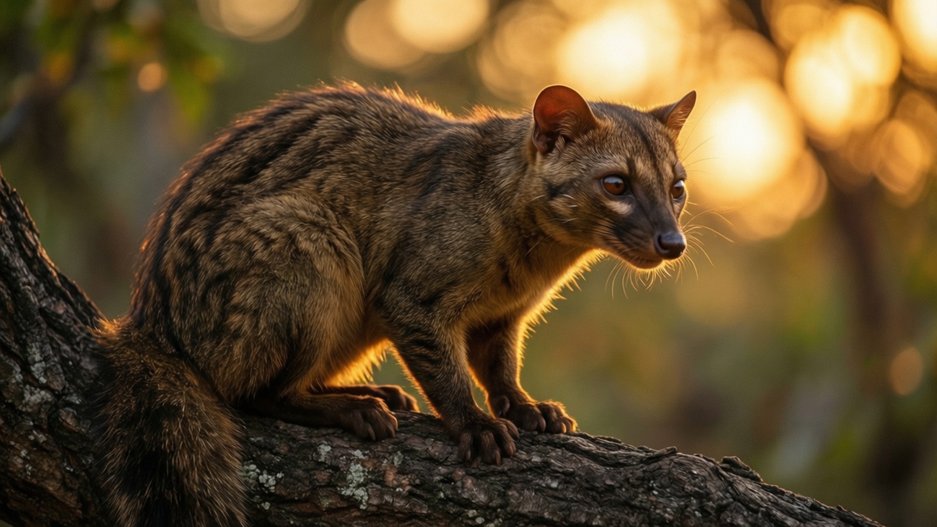 黃金時刻的 civet 壁紙 — 一隻有毛的哺乳動物豎起警覺的耳朵，棲息在陽光照耀的樹枝上，背景是金色的散景。