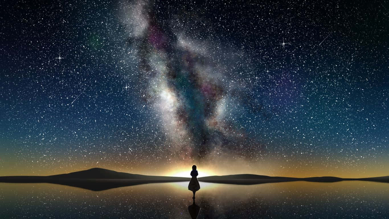 一個人在平靜的水邊，在滿天星斗和銀河下站立的剪影