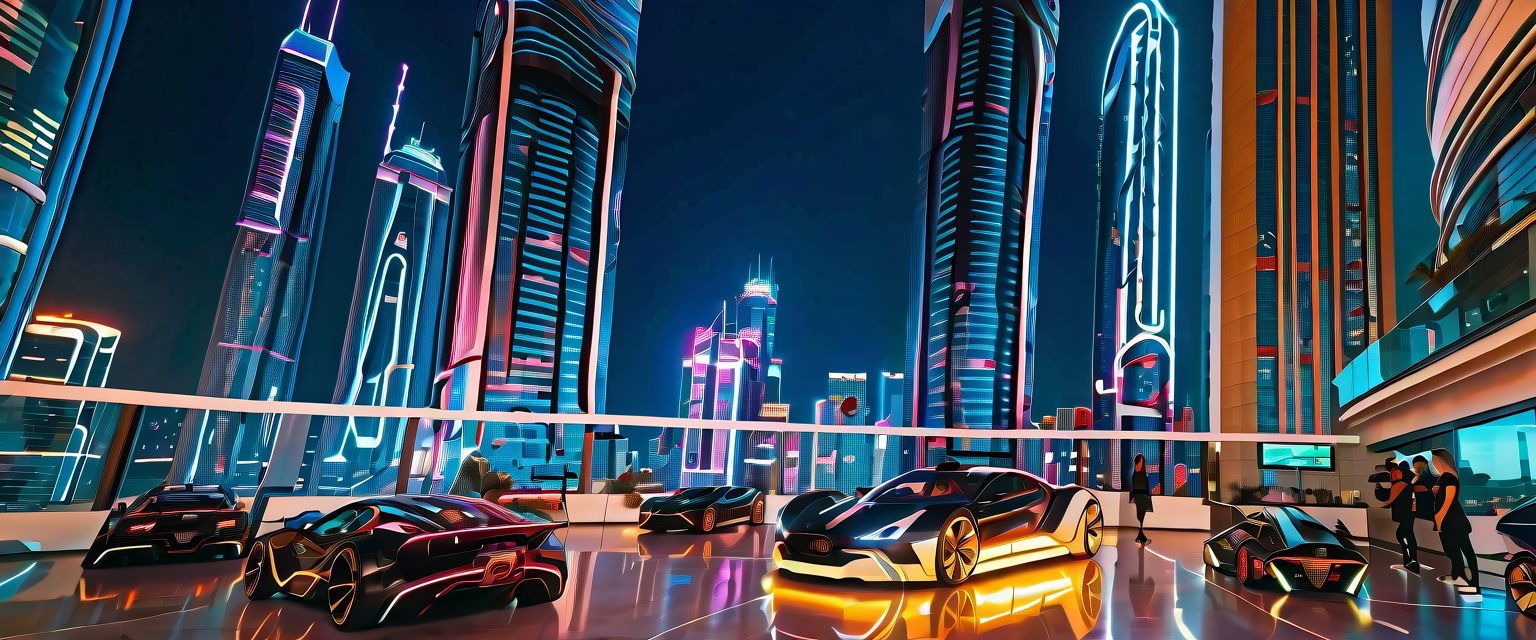 黃金時刻的未來天際線 壁紙 — 未來主義的霓虹燈城市夜景，光滑平台上停著時尚的黑色跑車。