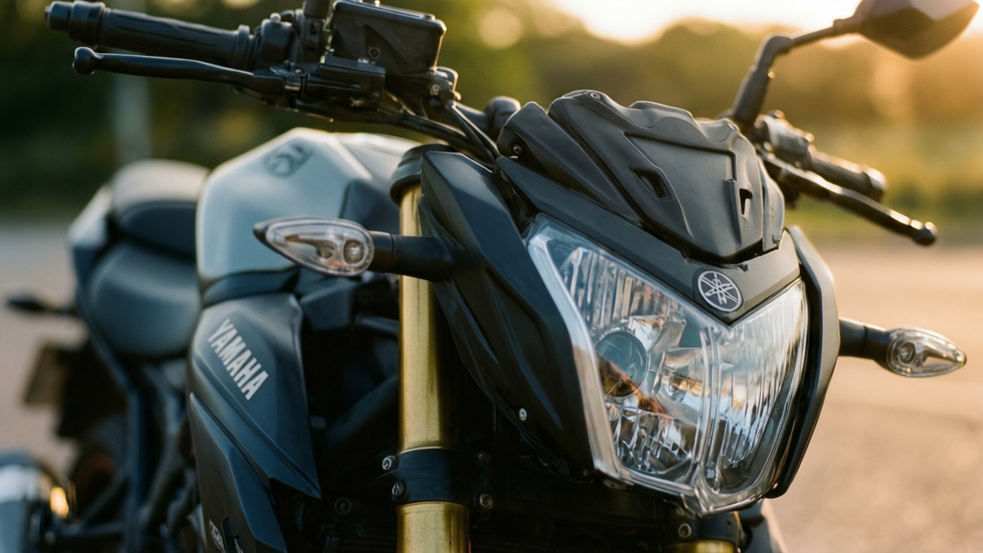 金色日落光線下的黑色Yamaha電單車，配金色前叉。