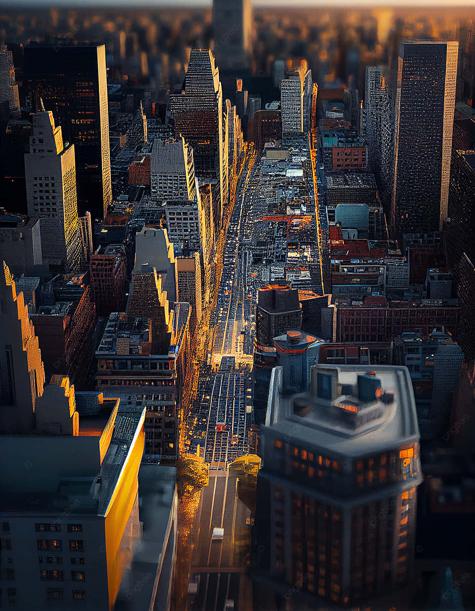 3d City 桌布 壁紙 — 黃金時段繁忙城市街道的鳥瞰圖，高聳的摩天大樓和發光的窗戶。