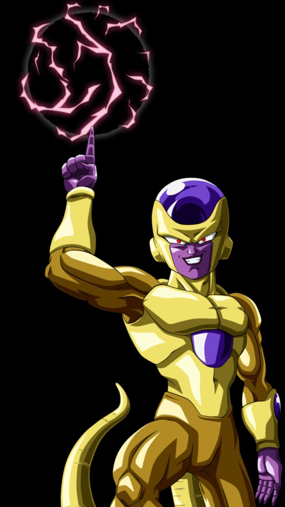 Golden Frieza 桌布 壁紙 — 黃金菲利站在黑色背景前，威嚇地用指尖召喚出旋轉的粉紅色能量球。
