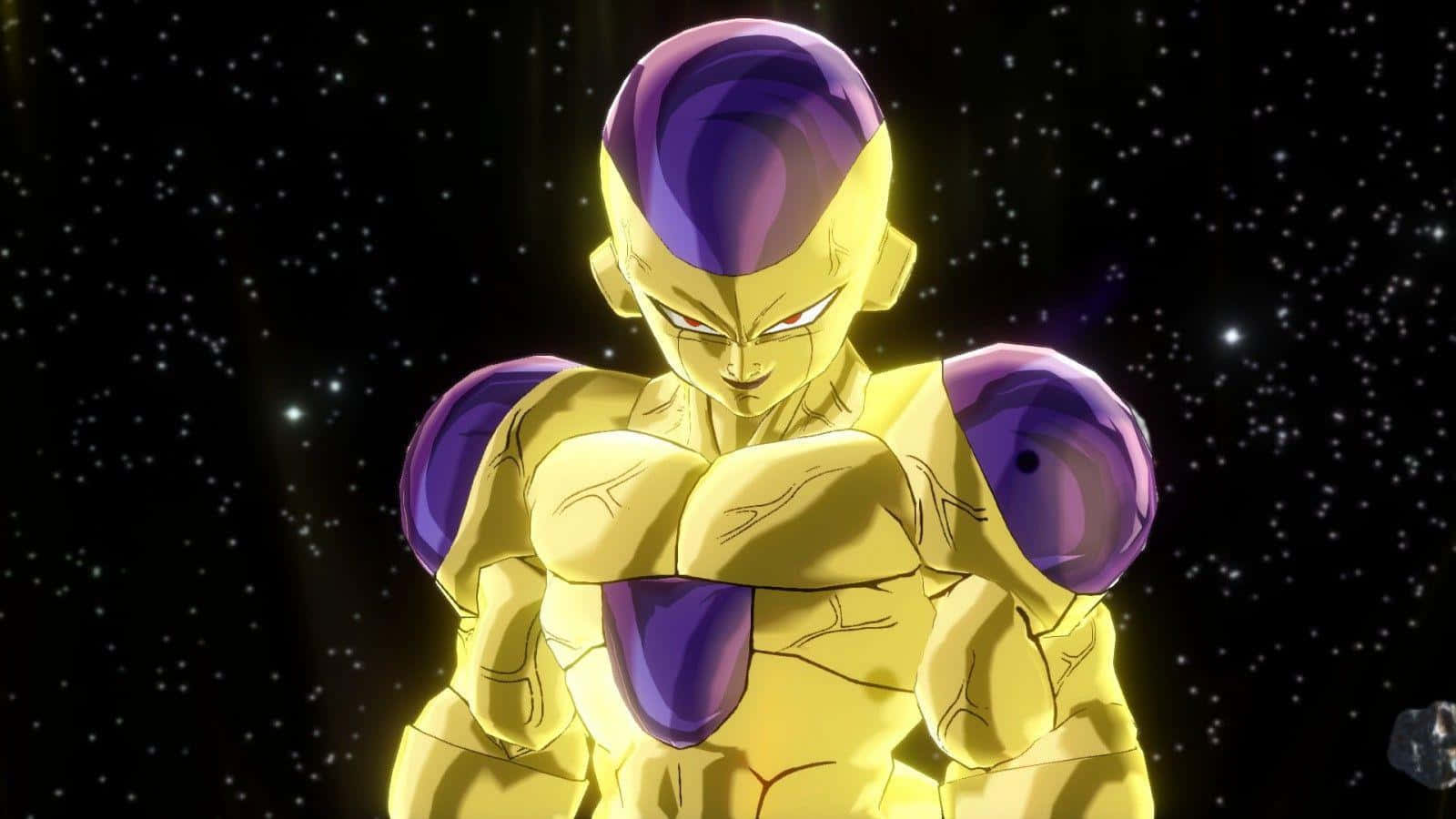 Golden Frieza 桌布 壁紙 — 黃金菲利茲站在星光宇宙背景下，眼睛發光並帶有紫色點綴，氣勢洶洶。