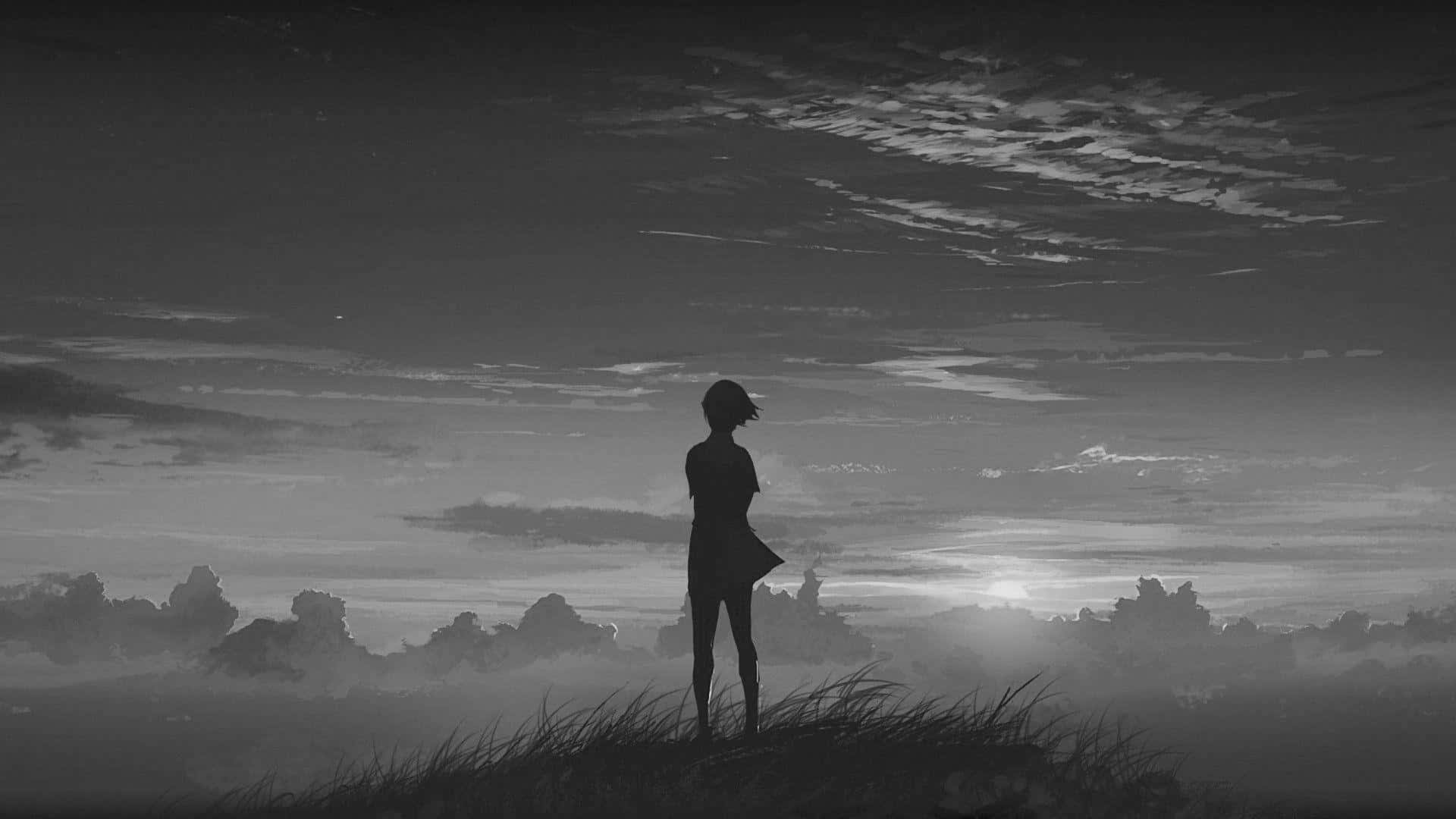 Black And White Landscape 桌布 壁紙 — 黎明時分，一個孤獨的身影在長滿青草的山丘上形成剪影，凝視著紋理天空下霧氣瀰漫的地平線。