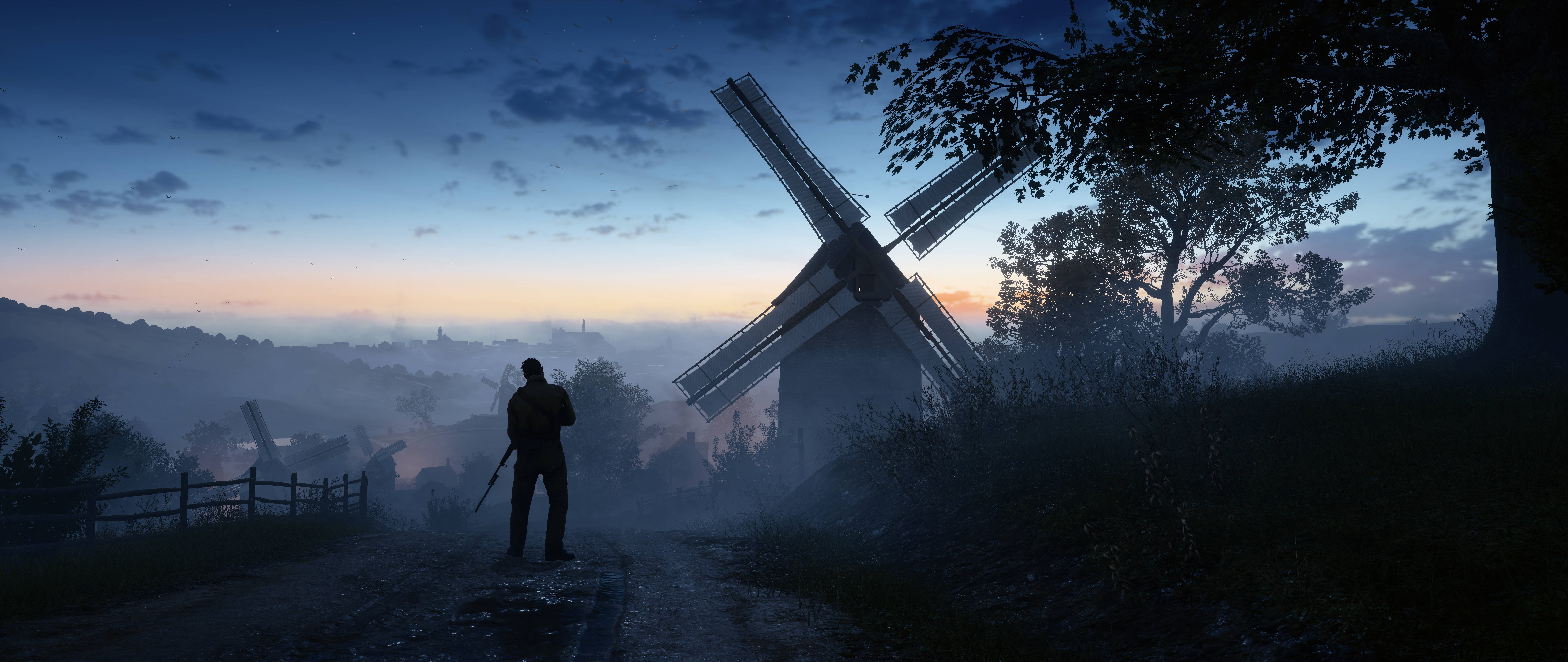 Battlefield 1 HD 桌布 壁紙 — 黎明時分，一個孤獨的身影站在霧濛濛的小徑上，旁邊是一座破損的風車，天空暮色蒼茫。