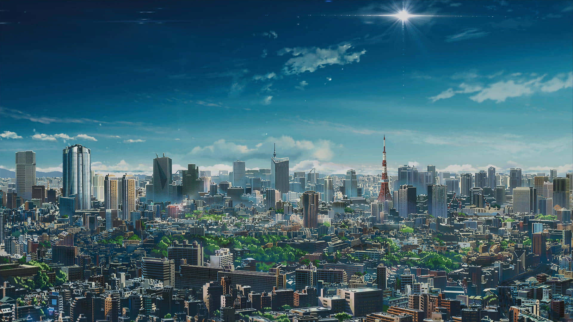 Aesthetic Anime City 桌布 壁紙 — 黎明時分充滿活力的動畫風格城市景觀，高聳的摩天大樓和東京塔在明亮的星空下。