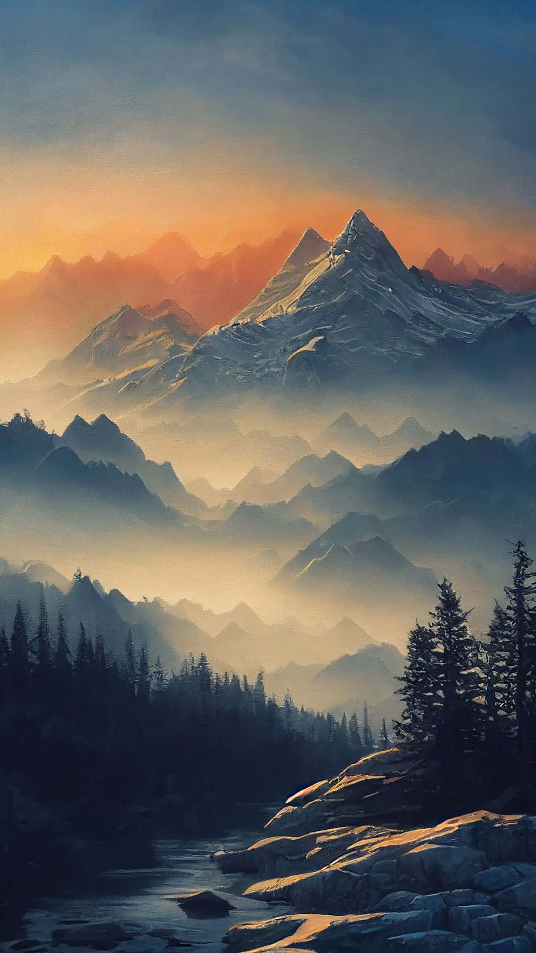 日出時分，雪山之上，霧氣瀰漫的山谷和流經松林的河流。