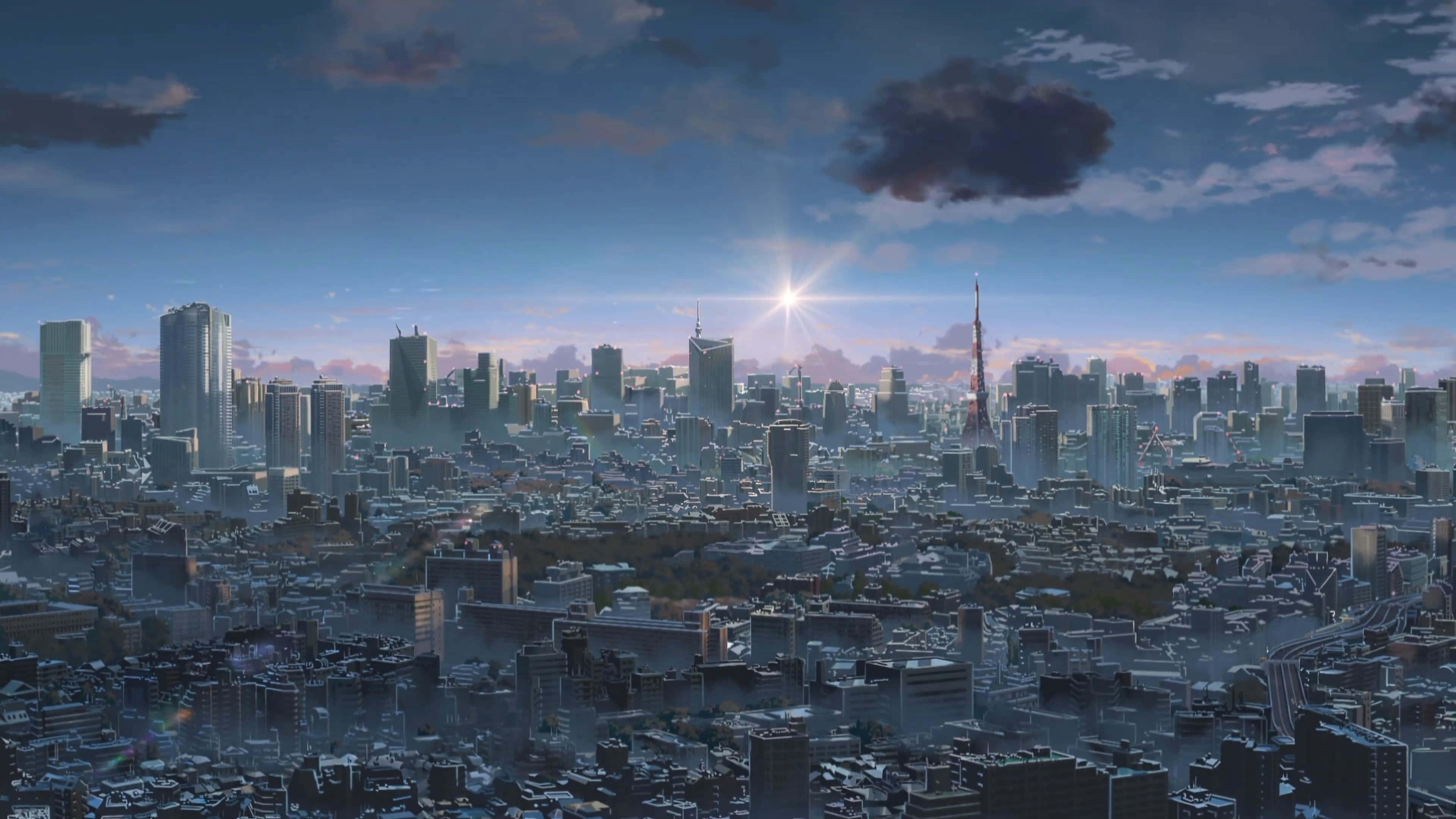 Makoto Shinkai 桌布 壁紙 — 黎明時分廣闊的動漫城市景觀，高聳的摩天大樓和明亮的太陽穿透雲層。