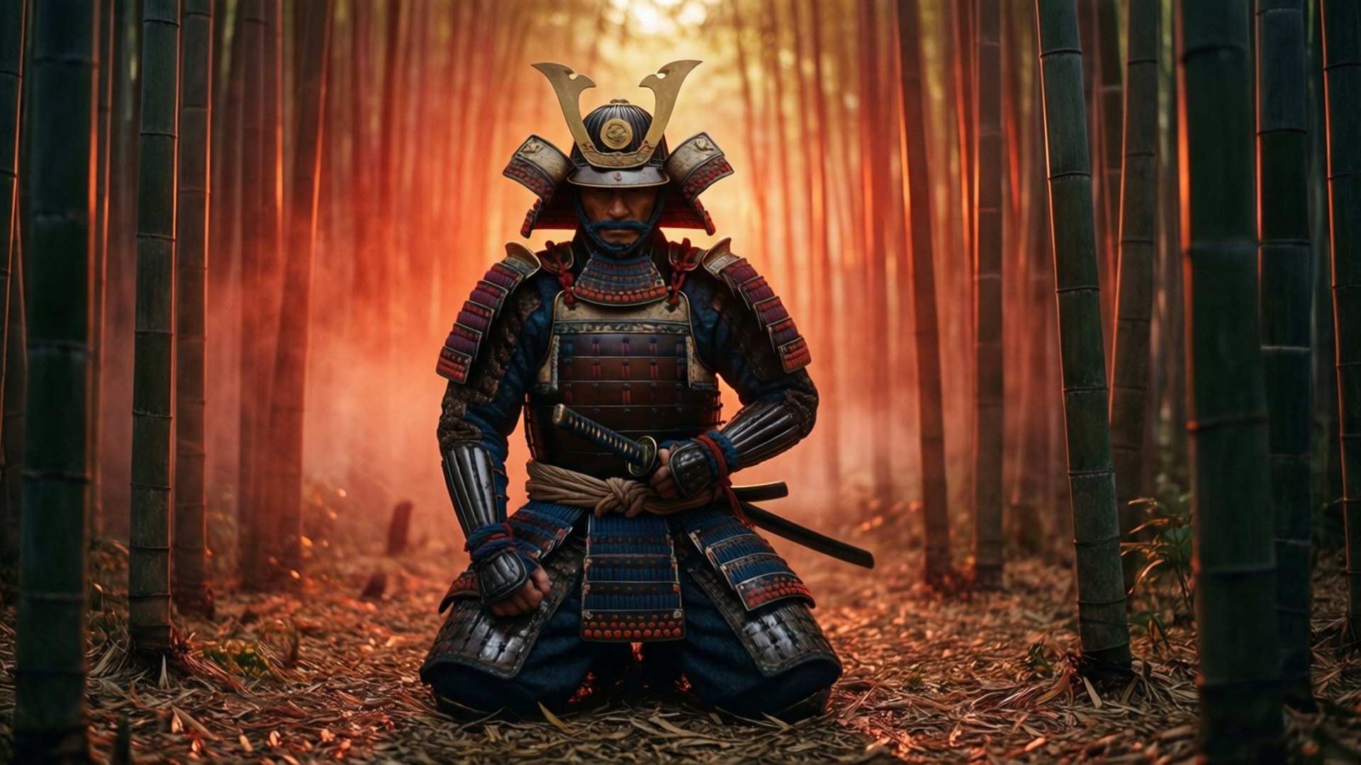 黎明武士 壁紙 — 一位身穿華麗盔甲的武士在沐浴著溫暖金色夕陽的竹林中莊嚴地跪著。