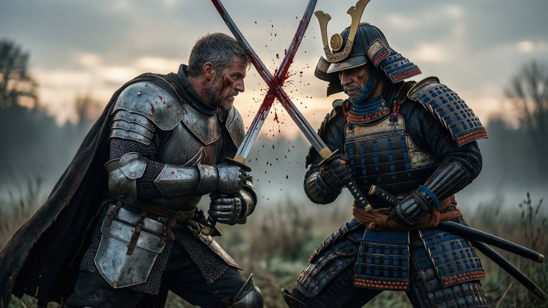 黎明決鬥 壁紙 — 一名中世紀騎士和一名武士在霧氣瀰漫的田野中交鋒，鮮血從他們交叉的劍刃上噴濺而出。