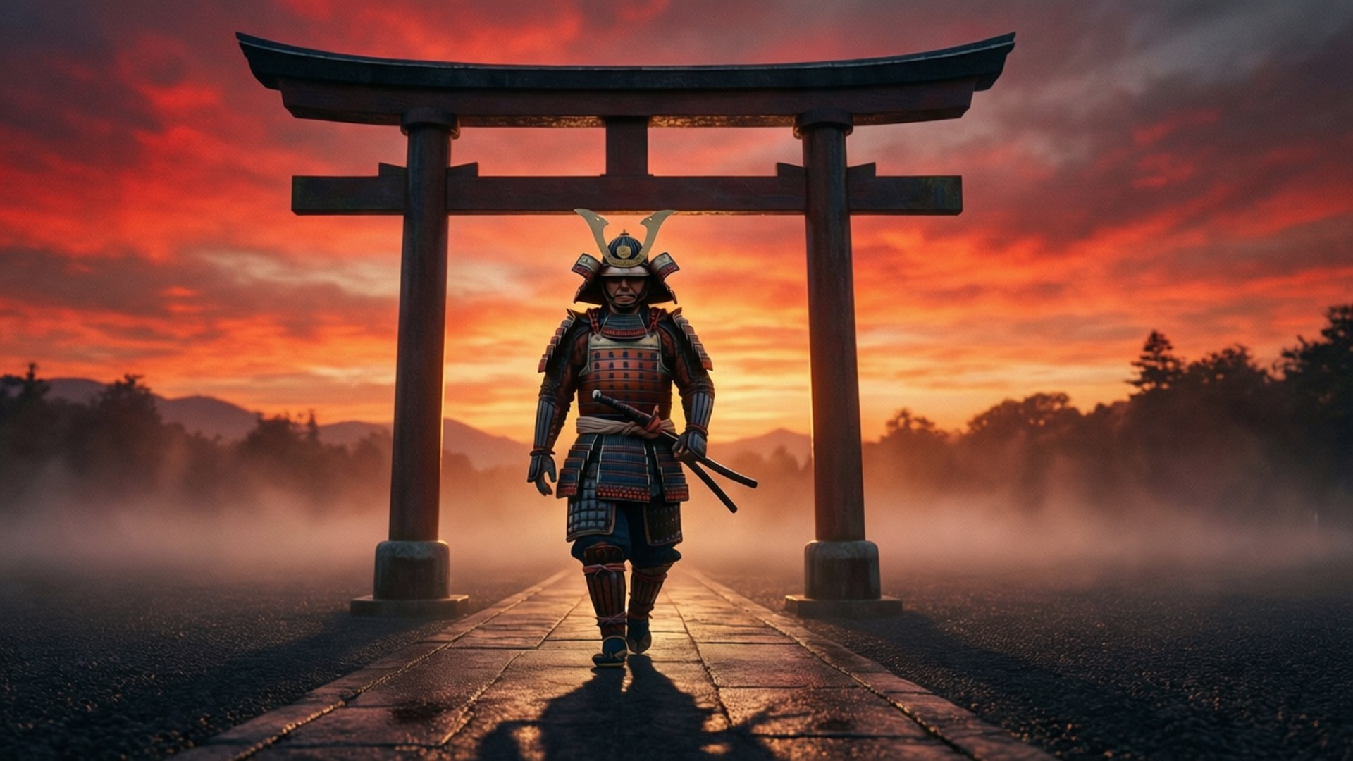 身穿盔甲的武士戰士在日落時分，在迷霧籠罩的地面上，走過鳥居。