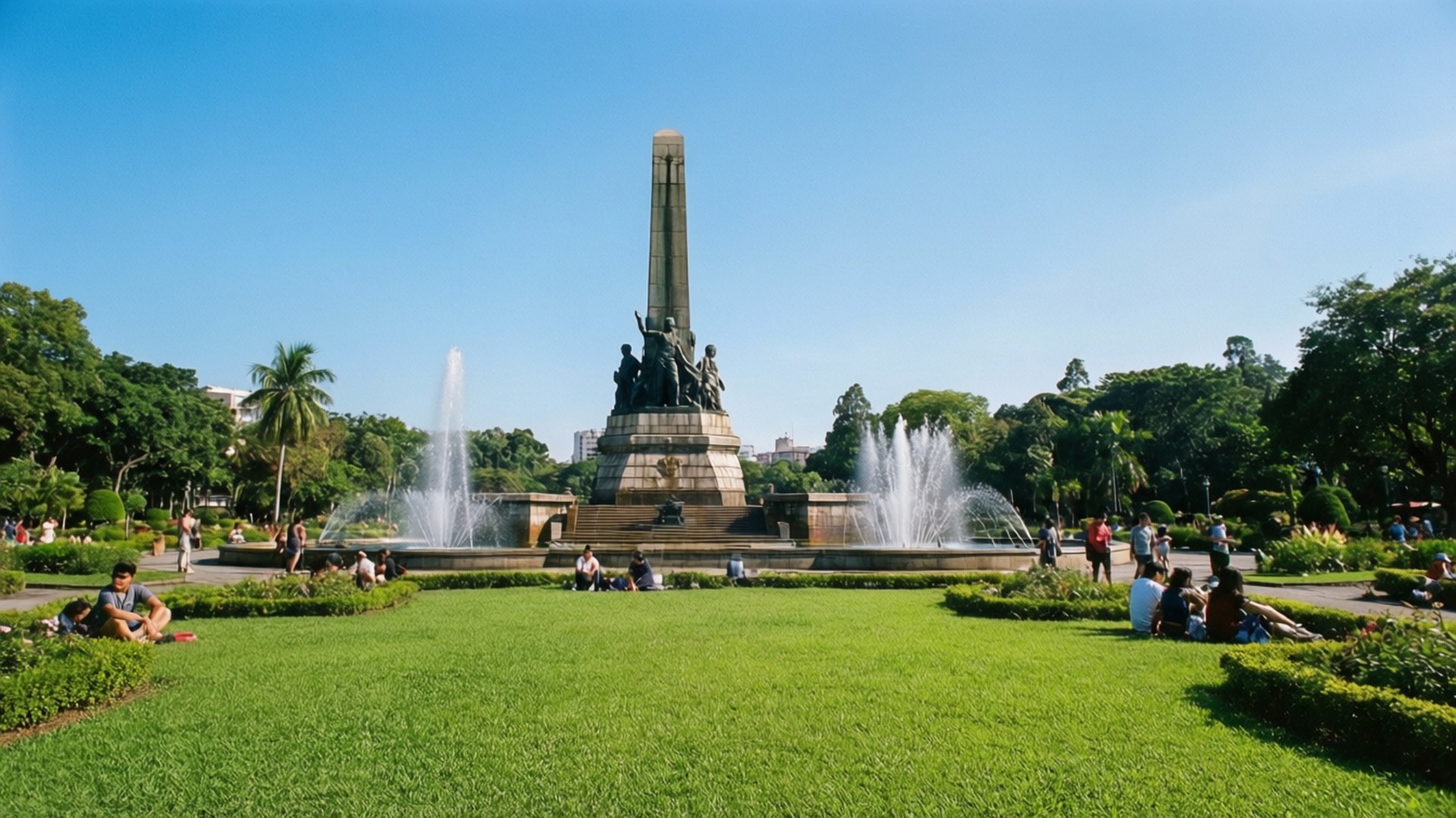 黎薩爾公園風景 壁紙 — 一座宏偉的紀念碑，上面有青銅雕像，矗立在圓形噴泉後面，人們在晴朗的藍天下在充滿活力的綠色草坪上放鬆。