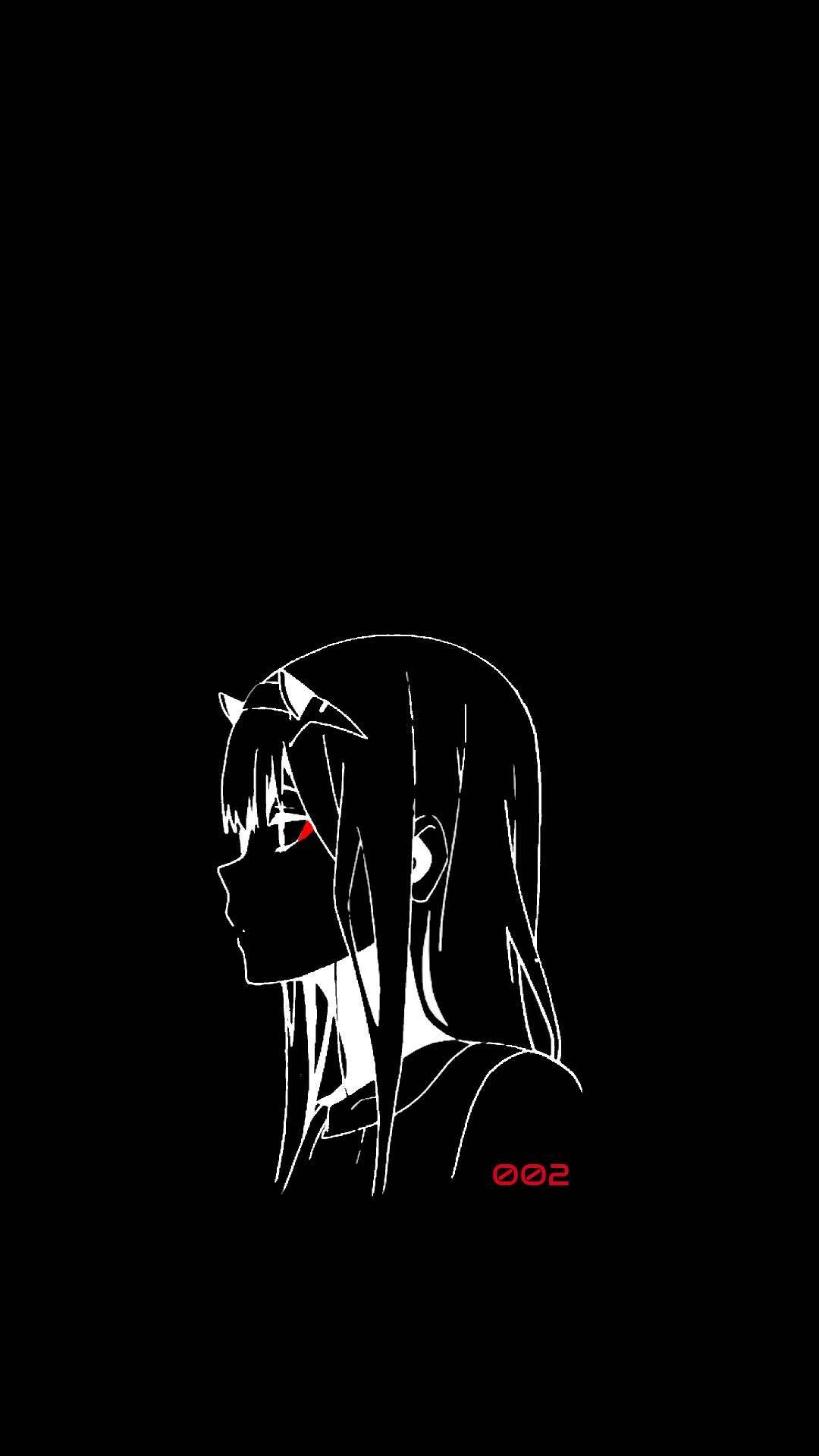 黑色背景上極簡線條動漫女孩，帶有貓耳和紅色眼睛細節