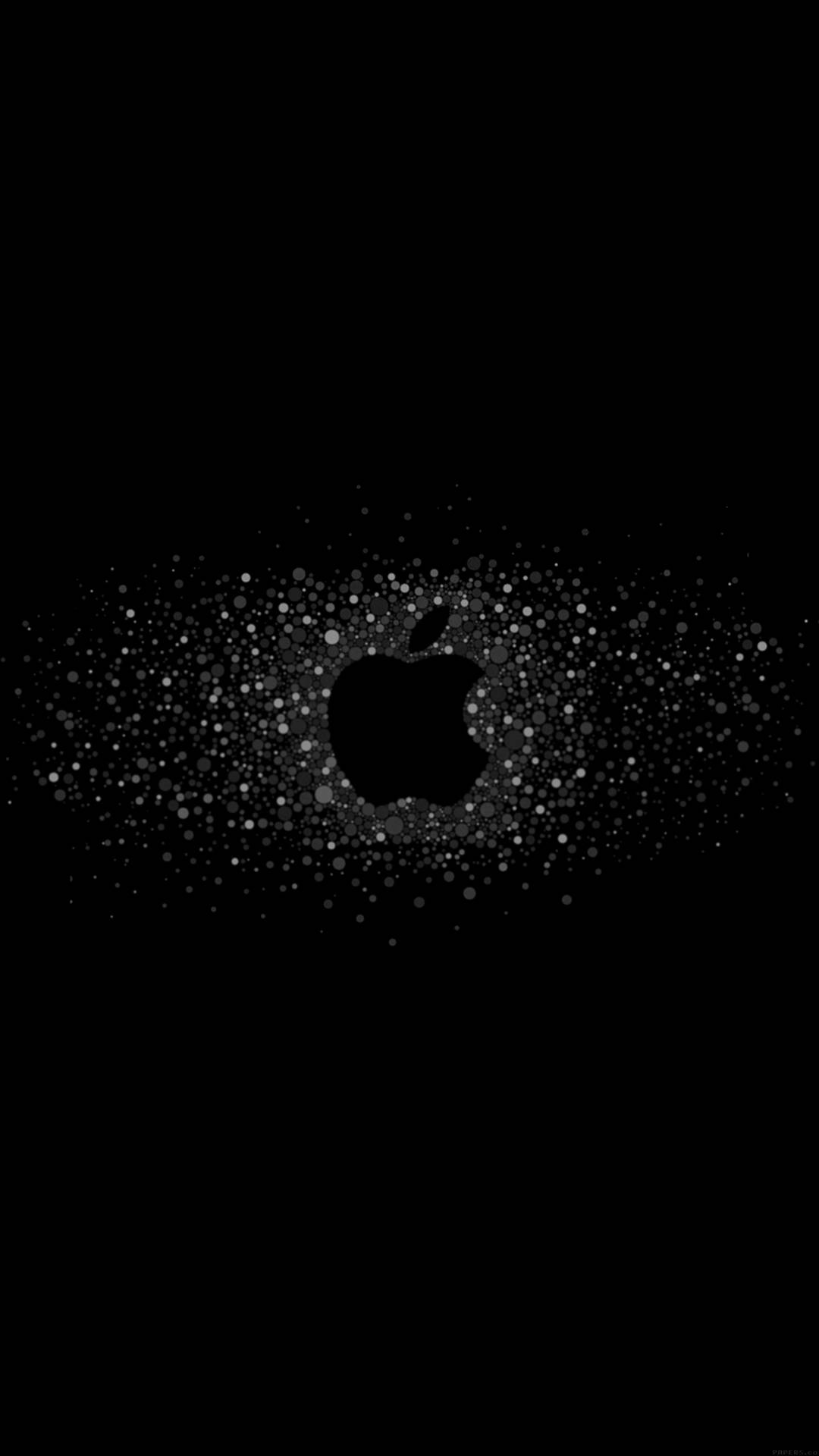 由漂浮的灰色粒子形成的Apple標誌，黑色背景