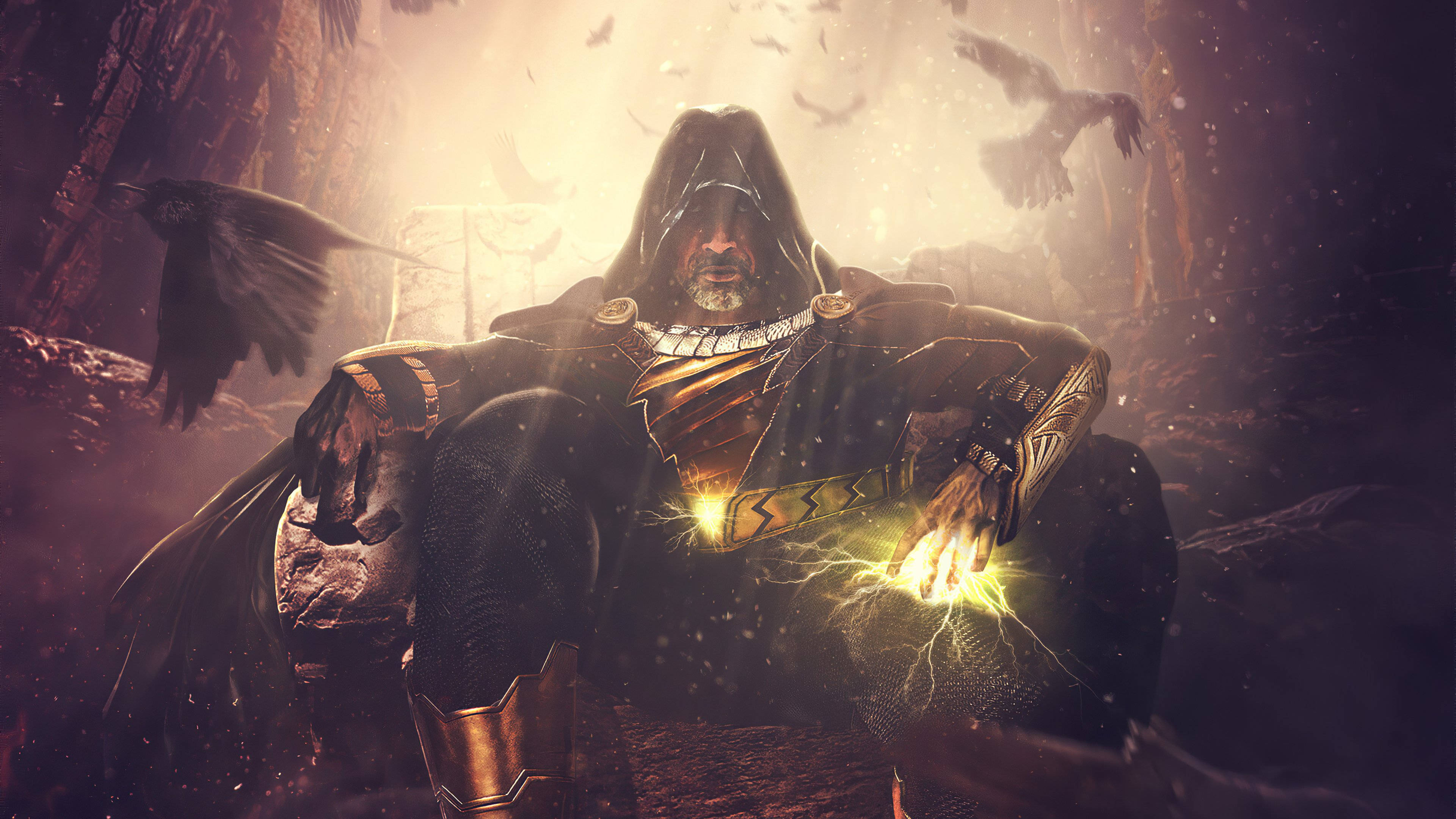 黑亞當雷球 壁紙 — 一個戴著兜帽的戰士，雙手發光，坐在黑暗的洞穴中，鳥兒飛過他身後耀眼的光源。