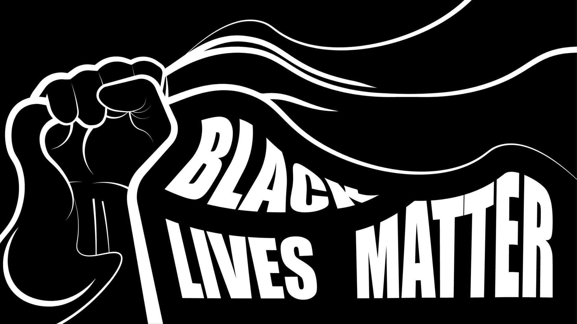 一隻舉起的拳頭，帶有流暢線條，並以粗體白色字體寫上「BLACK LIVES MATTER」。