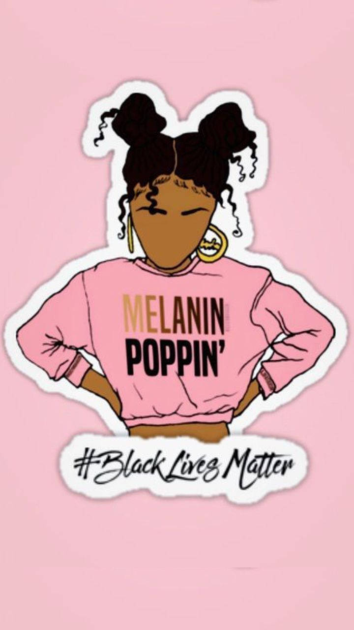 一位黑人女性穿著粉紅色「Melanin Poppin」襯衫，帶有 #BlackLivesMatter 標語的插圖。