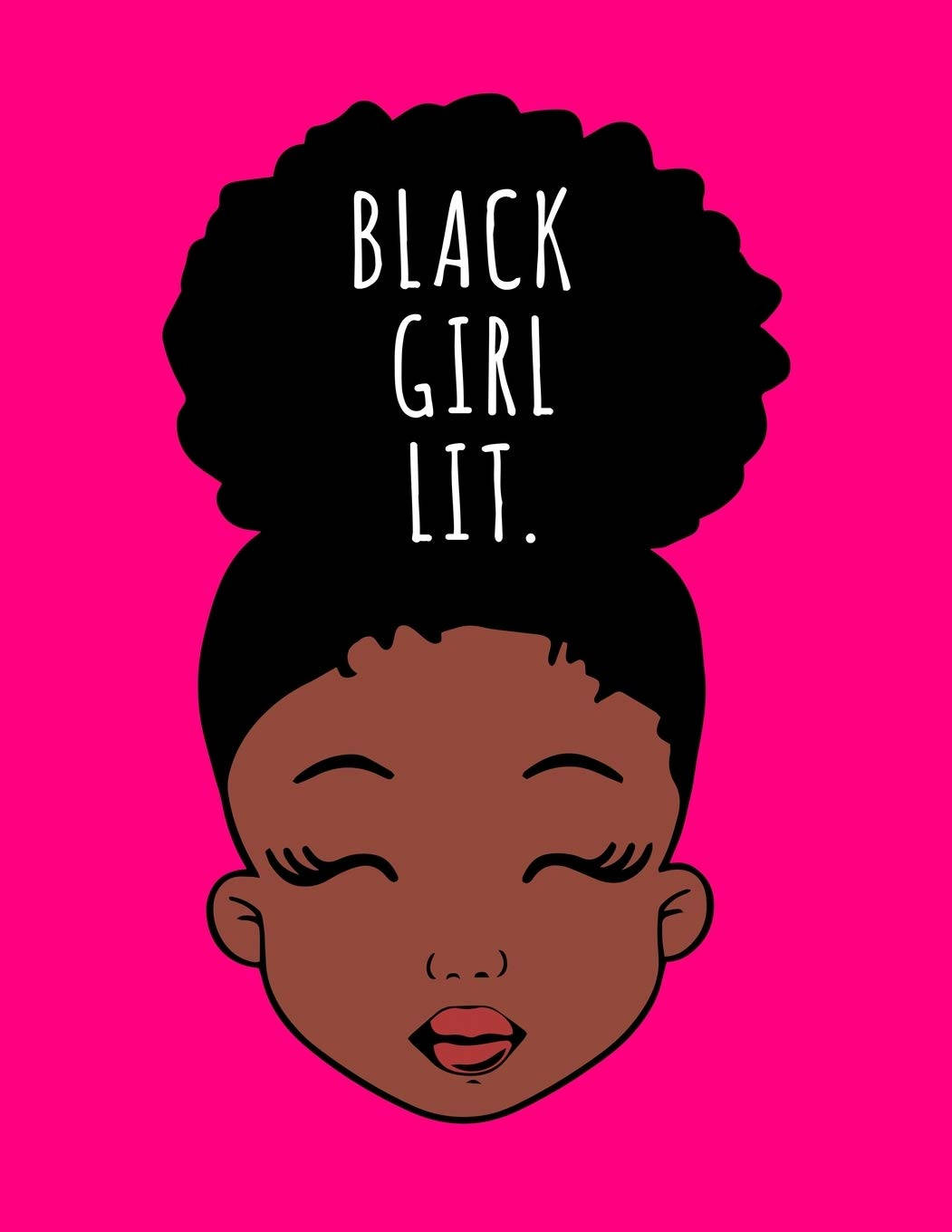 一個插圖，描繪一位閉著眼睛的黑人女孩，她的非洲式髮型中有文字「BLACK GIRL LIT.」，背景是粉紅色。