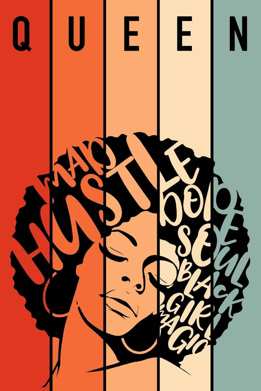一個風格化的插圖，描繪一位女性，其爆炸頭由賦權文字如 'QUEEN' 和 'HUSTLE' 組成，背景為彩虹條紋。