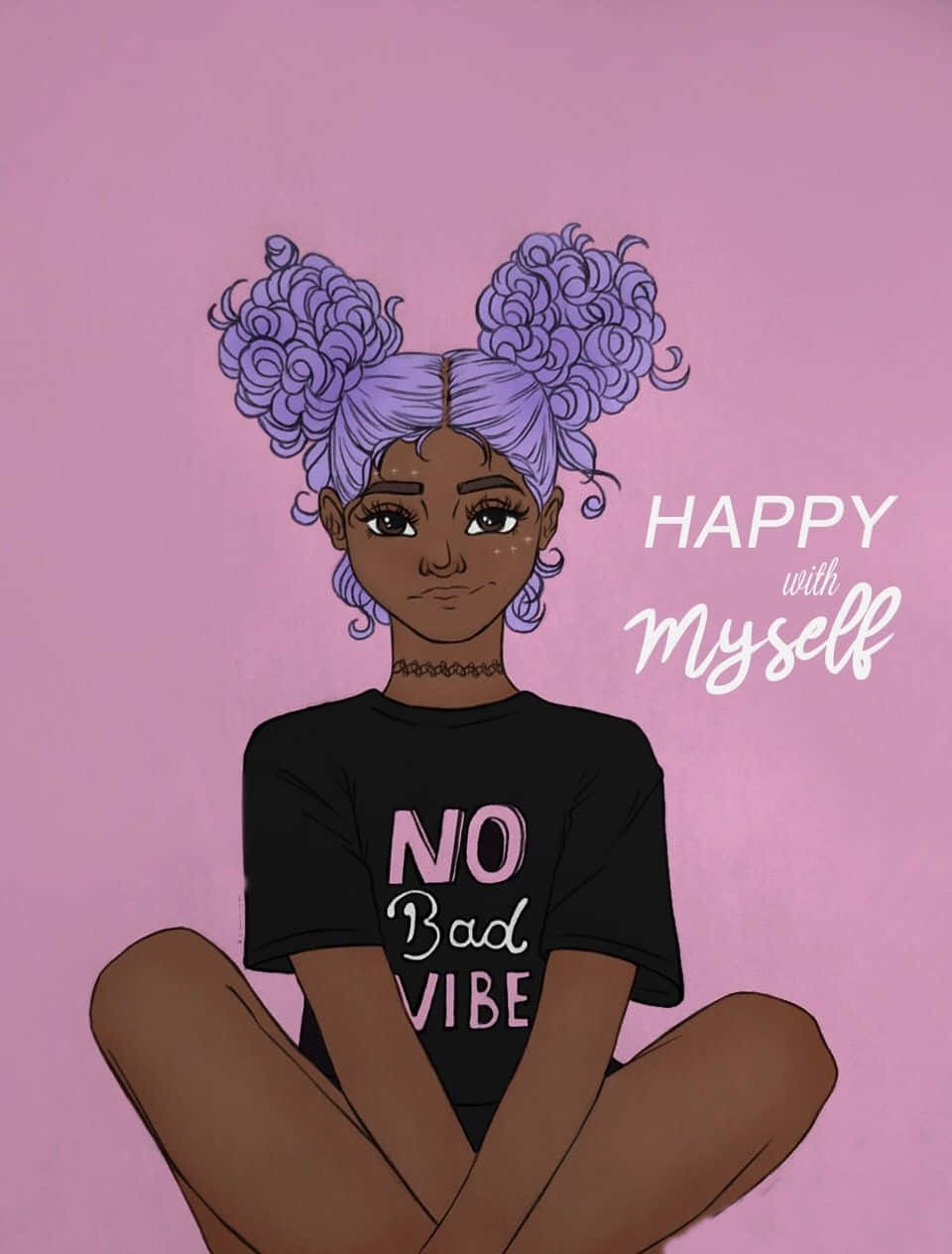 紫色頭髮的年輕女性盤腿坐著，穿著一件寫著「no bad vibe」的襯衫。