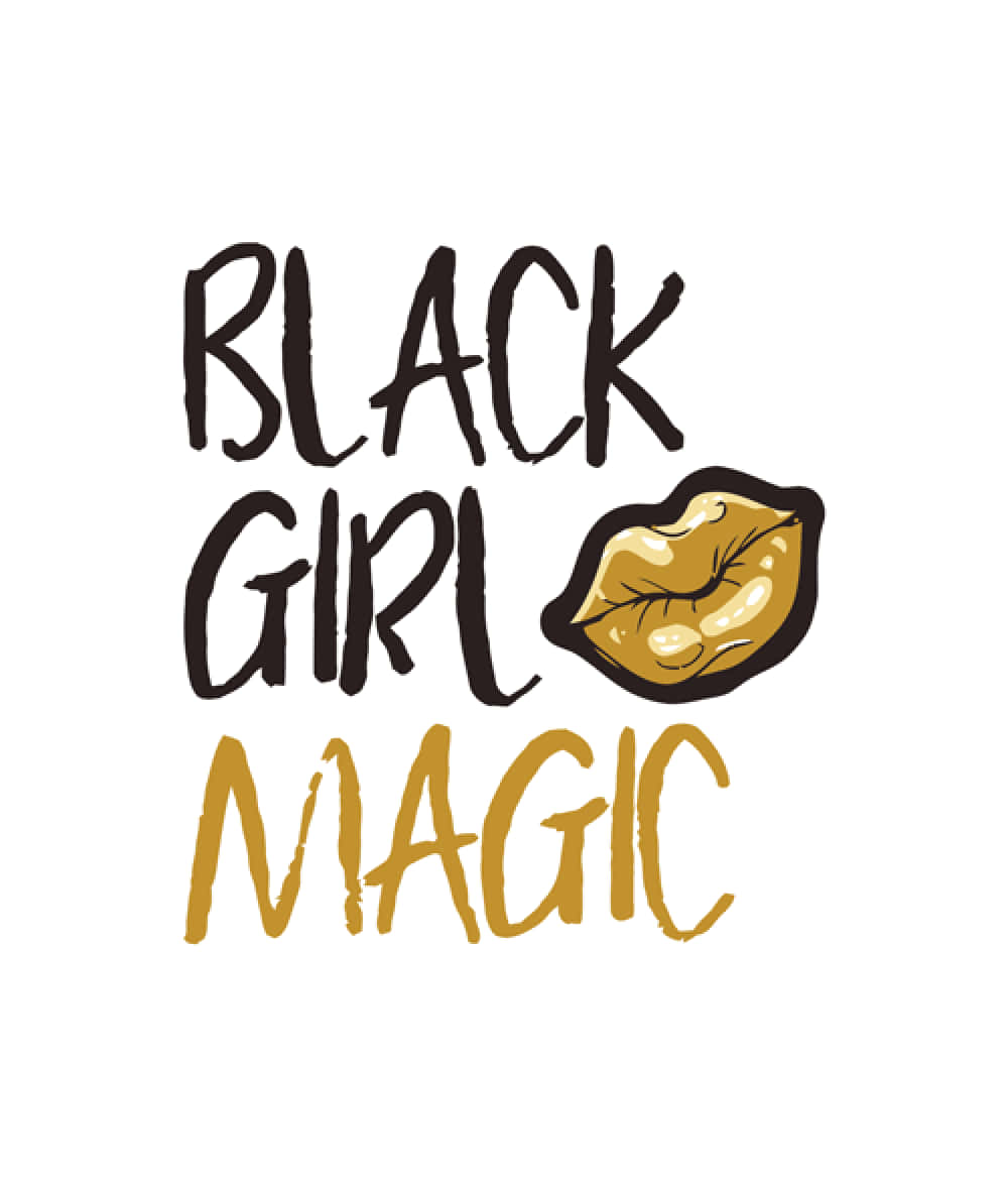 黑人女孩魔法精彩字體設計 壁紙 — 粗體手繪文字寫著「BLACK GIRL MAGIC」，旁邊有一個金色插圖嘴唇圖示在「GIRL」旁。